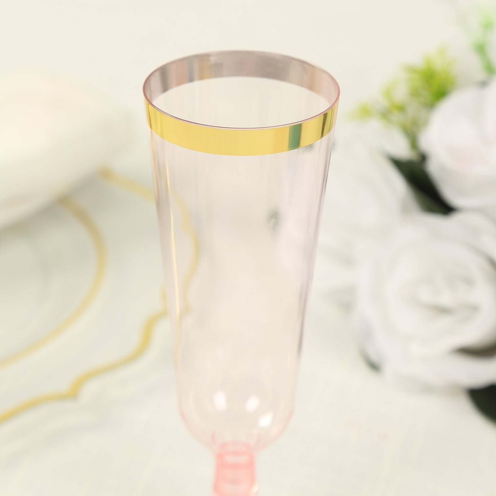 12-Pack Disposable 5oz Transparent Blush Plastic Champagne Flutes with Gold Rim for Parties