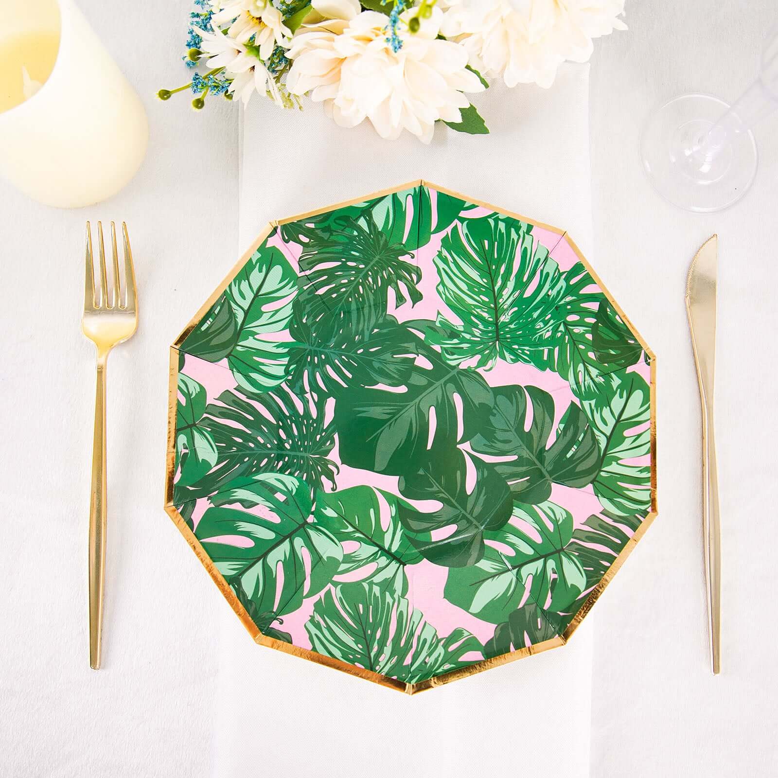 25-Pack 9" Pink Paper Decagon Dinner Plates with Green Palm Leaves & Gold Rim - Ideal for Luau & Summer Parties
