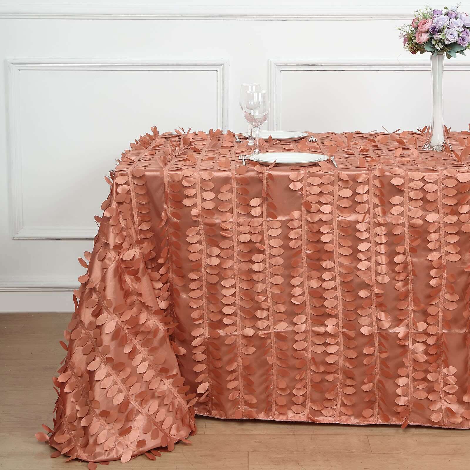 Exclusive Terracotta (Rust) Taffeta Rectangle Tablecloth with 3D Leaf Petal Design