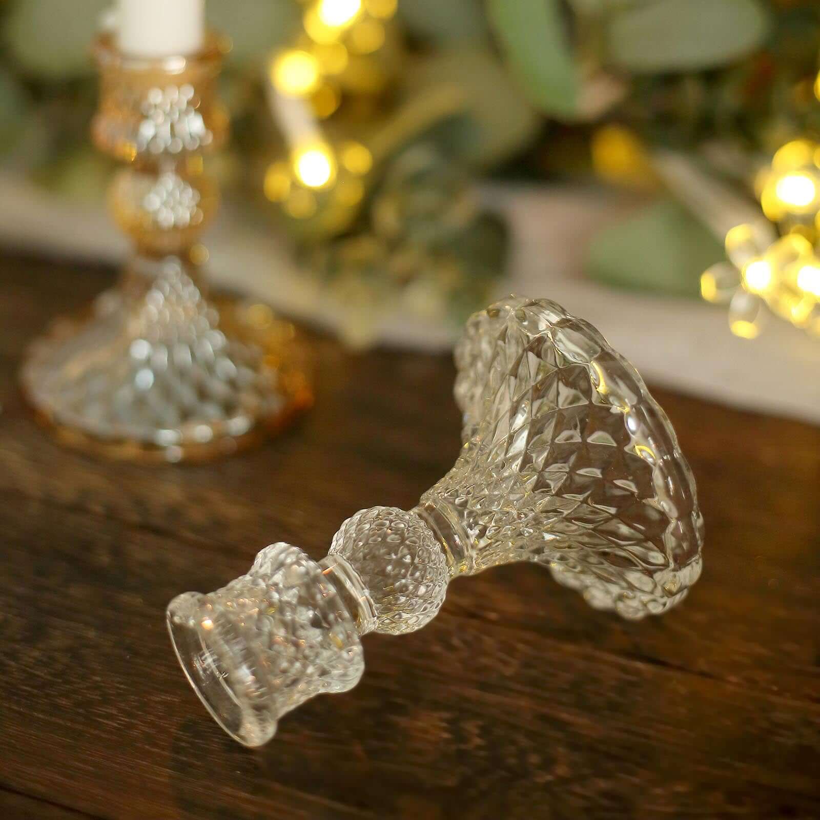 6-Piece Clear Glass Taper & Pillar Candle Holders with Diamond Pattern