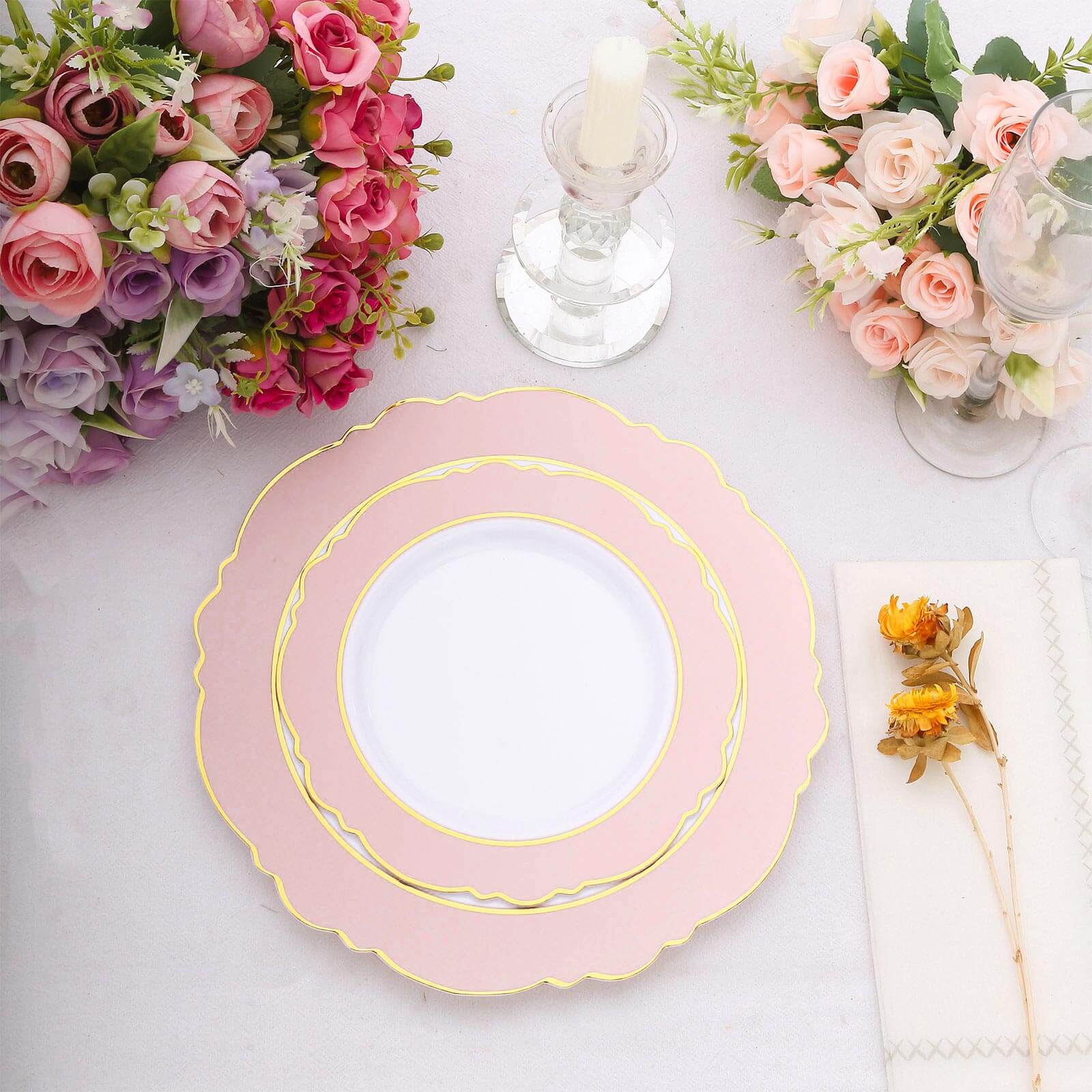 10-Pack Disposable White Plastic Dessert Plates with Blush Blossom & Gold Edging