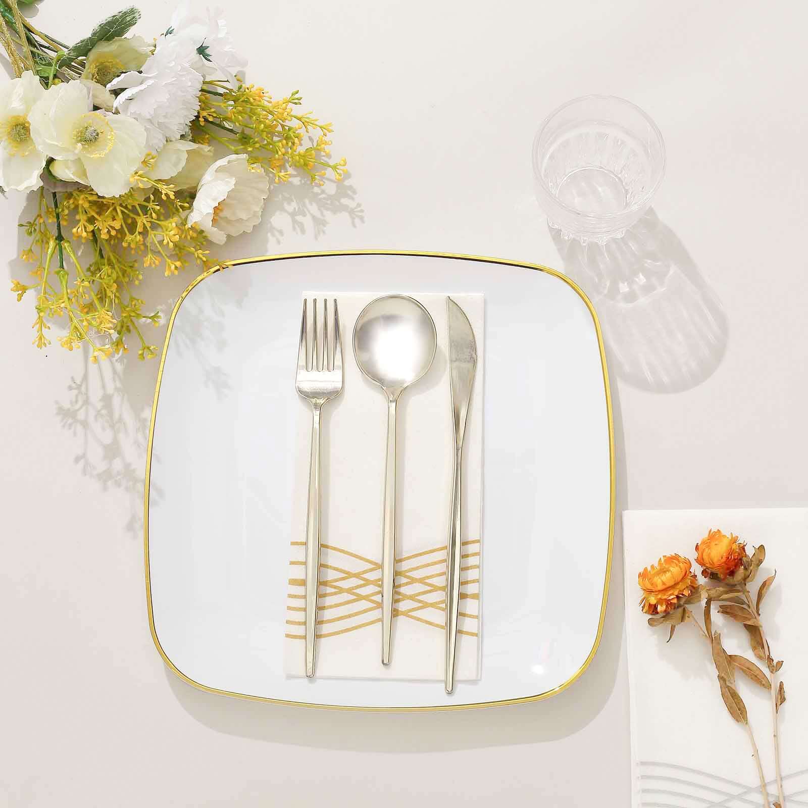 10-Pack White Plastic Dinner Plates with Gold Rim - Disposable for Weddings and Special Events