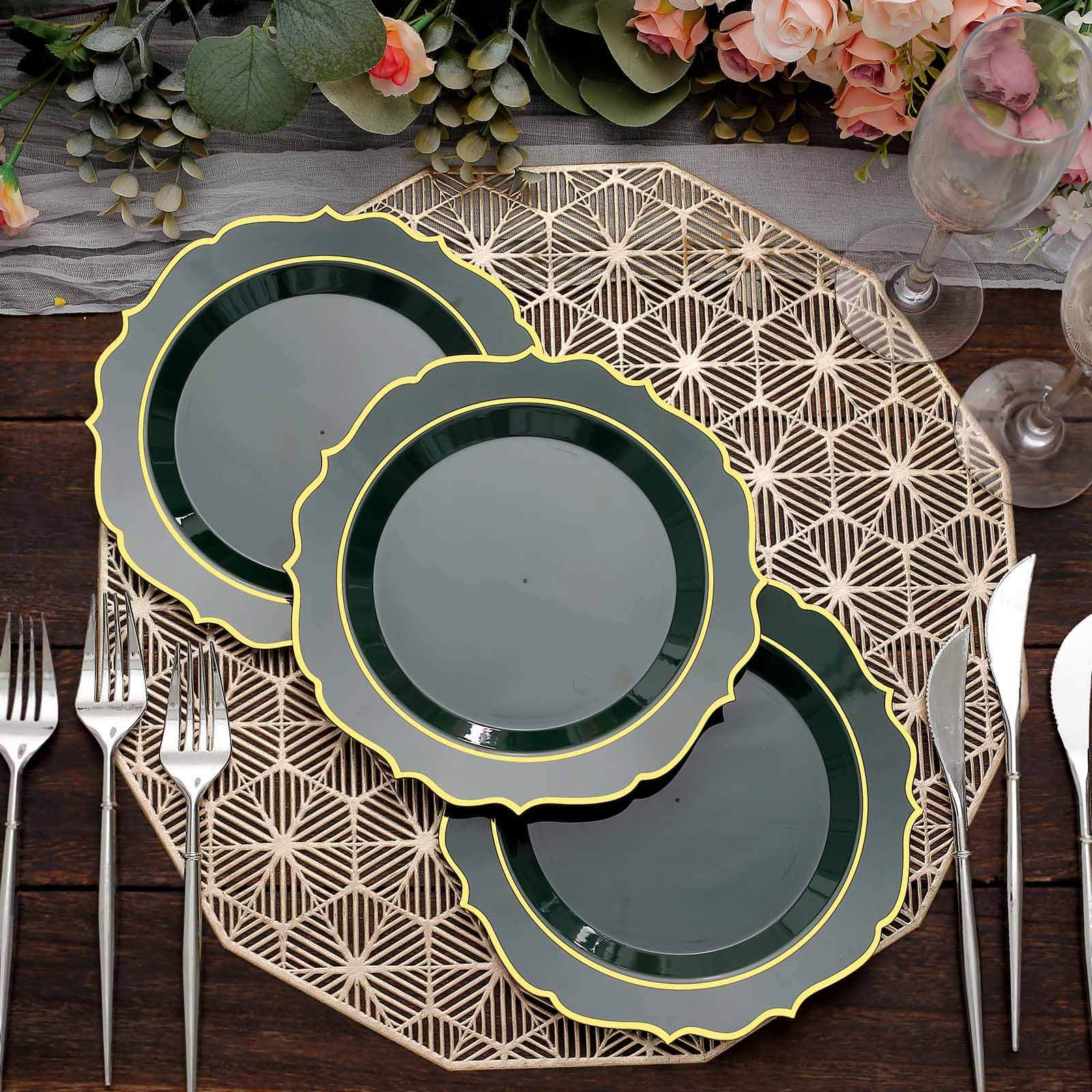 10-Pack Disposable 8-Inch Round Salad Plates in Hunter Green with Gold Scalloped Rim