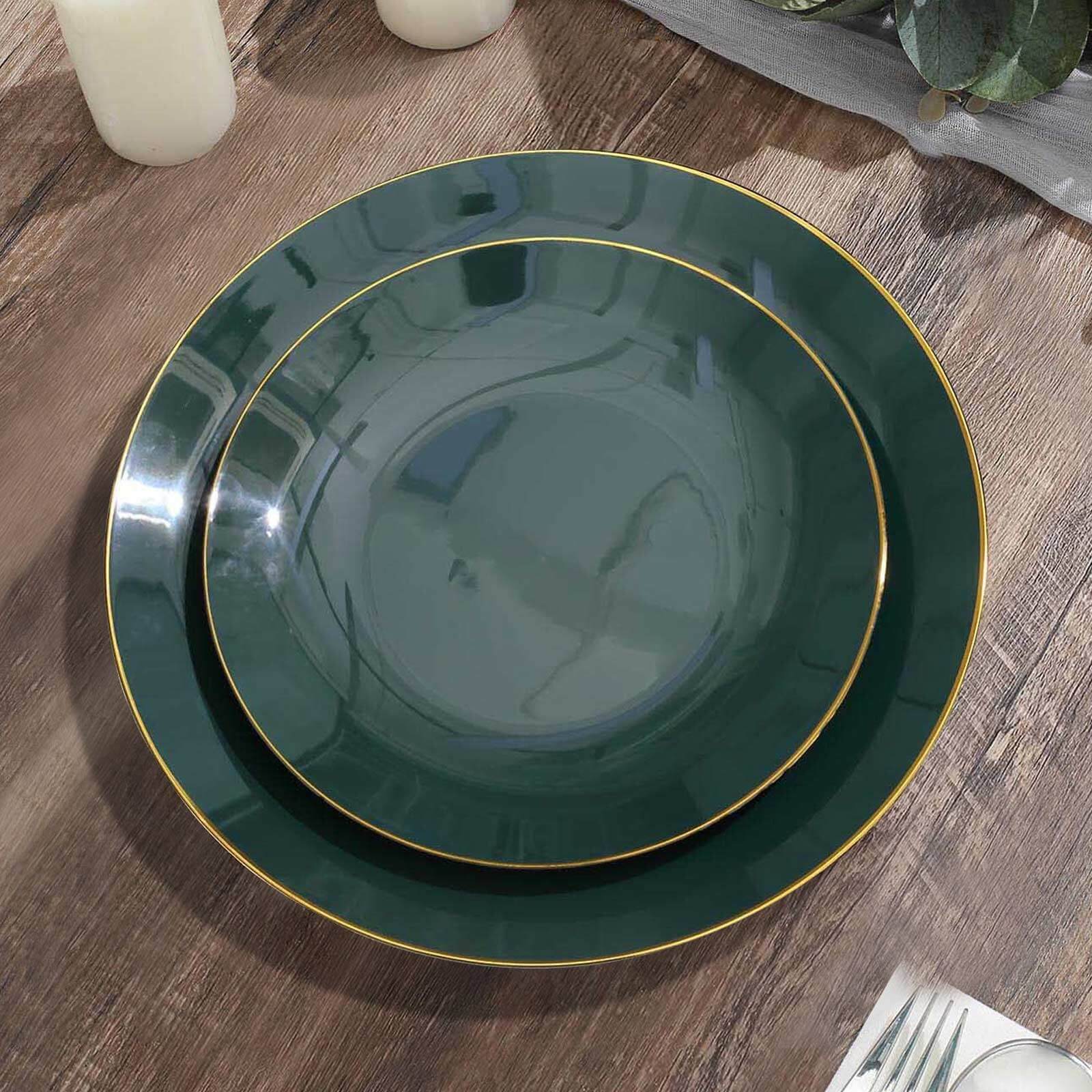 10-Piece Set of Disposable Plastic Round Dessert Plates in Hunter Emerald Green with Gold Rim - Ideal for Special Occasions
