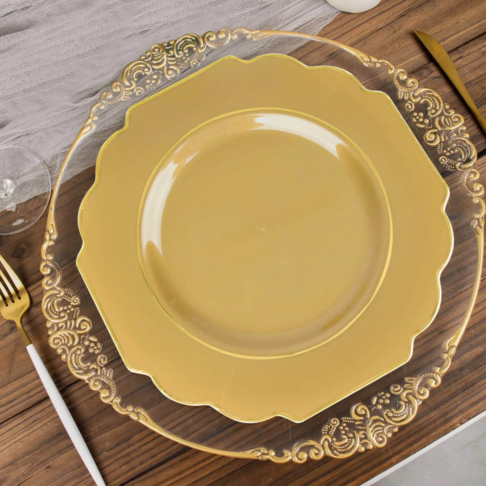 Get 10-Pack Heavy Duty Disposable Gold Baroque Dinner Plates with Scalloped Rim for Events