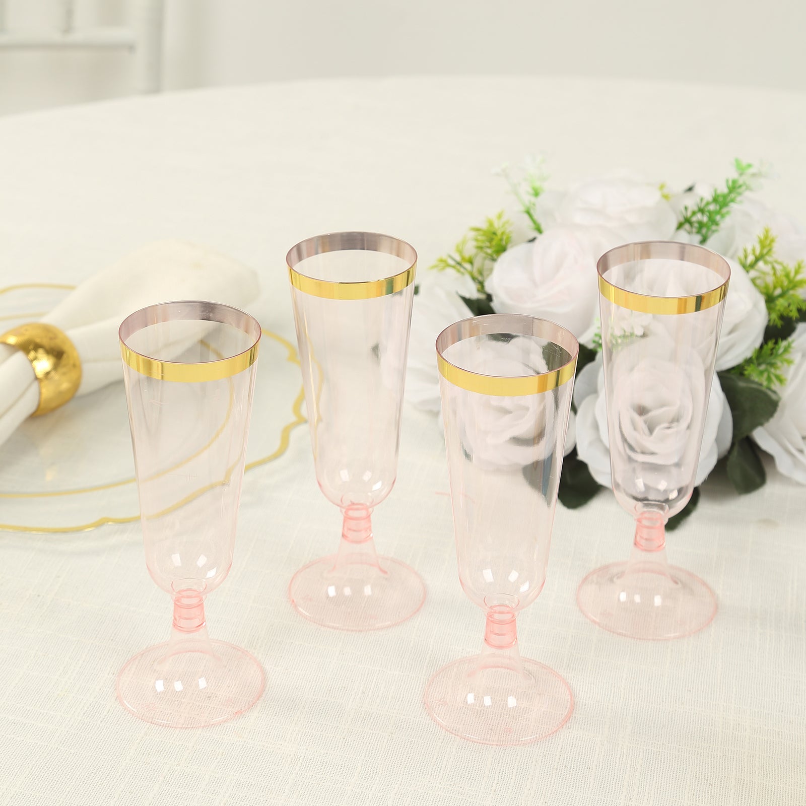 12-Pack Disposable 5oz Transparent Blush Plastic Champagne Flutes with Gold Rim for Parties
