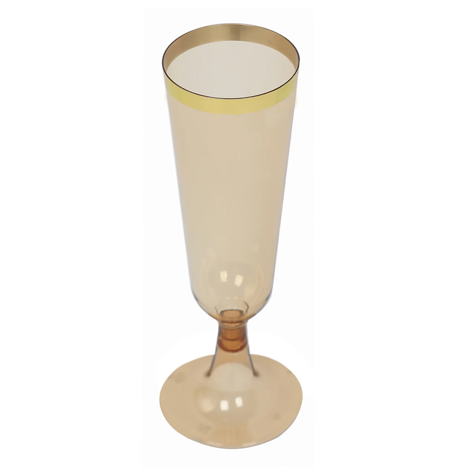 Stylish Disposable 5oz Plastic Champagne Flutes in Transparent Amber Gold with Gold Rim - 12-Pack for Parties