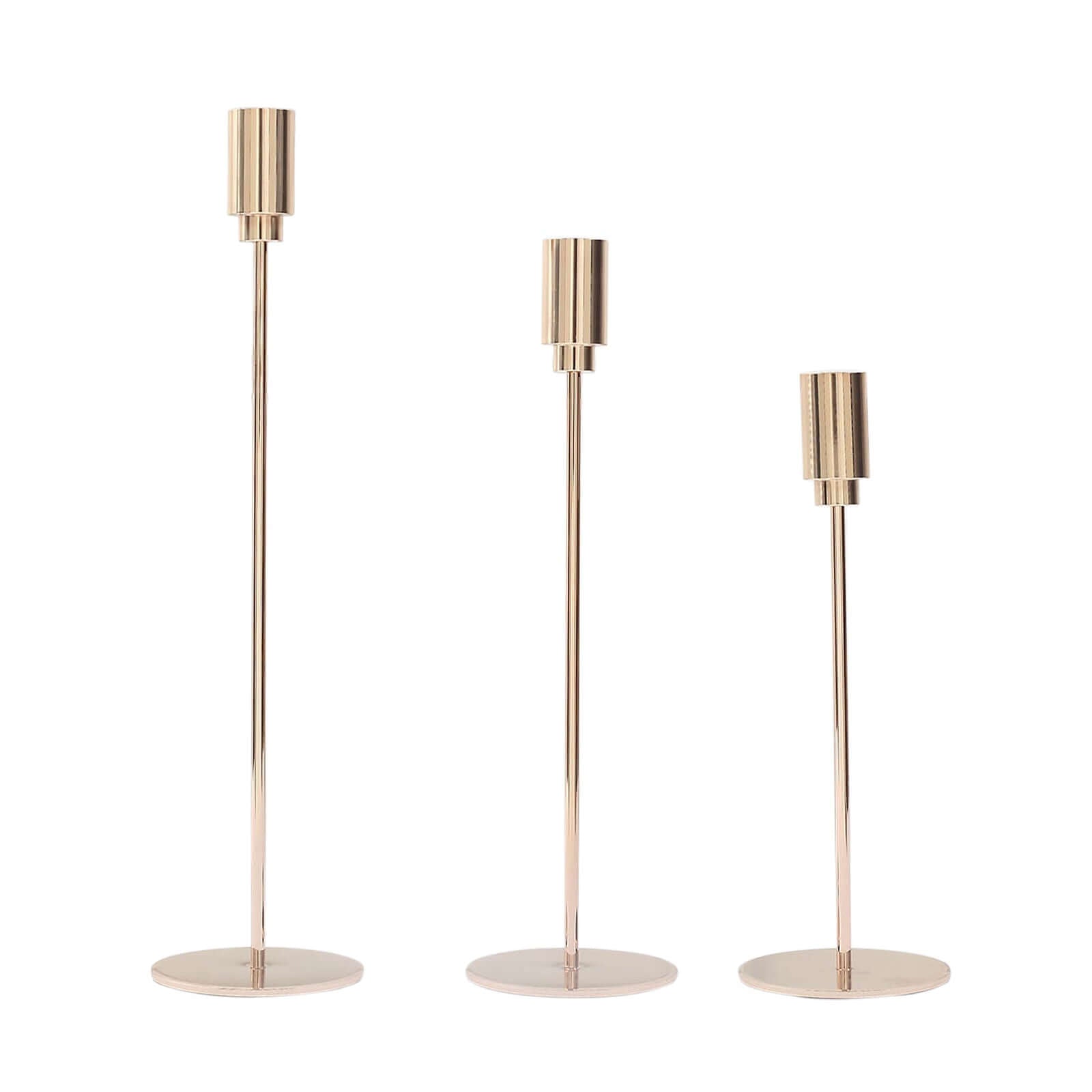 Gold Metal Set of 3 Taper Candle Stands with Round Base - Ideal for Weddings