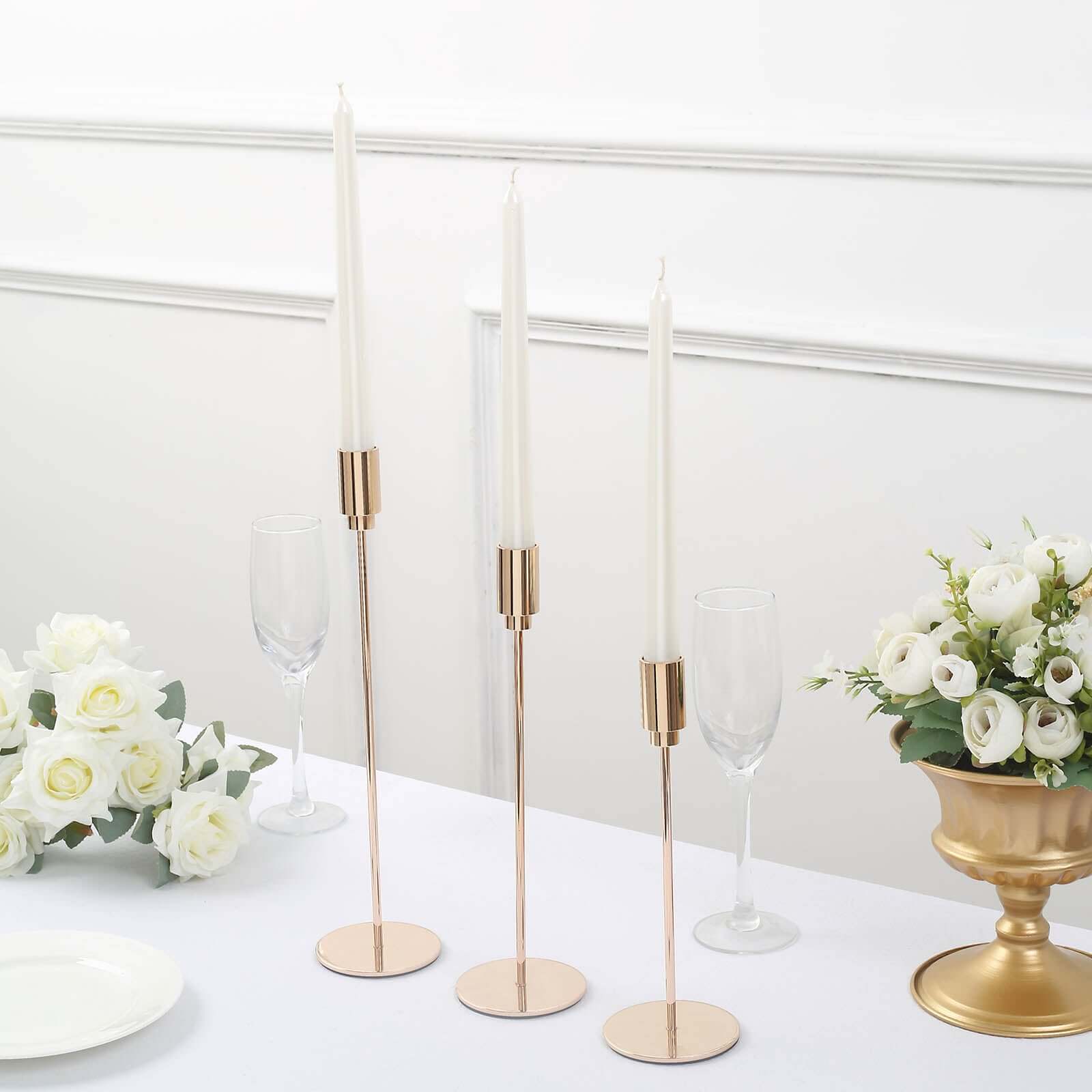 Gold Metal Set of 3 Taper Candle Stands with Round Base - Ideal for Weddings