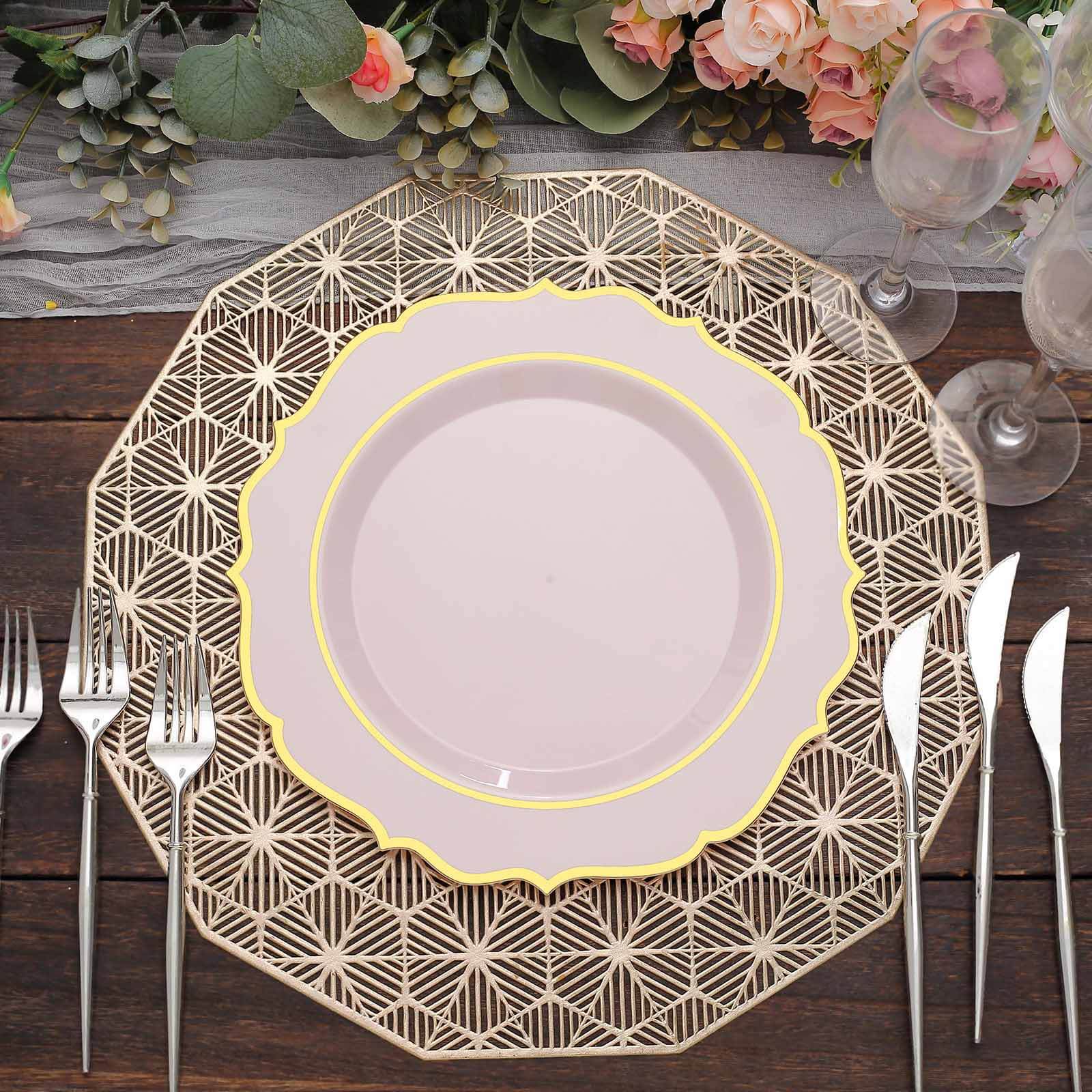 Hot Deal! 10-Pack Disposable Blush Plastic Dinner Plates with Gold Scalloped Rim