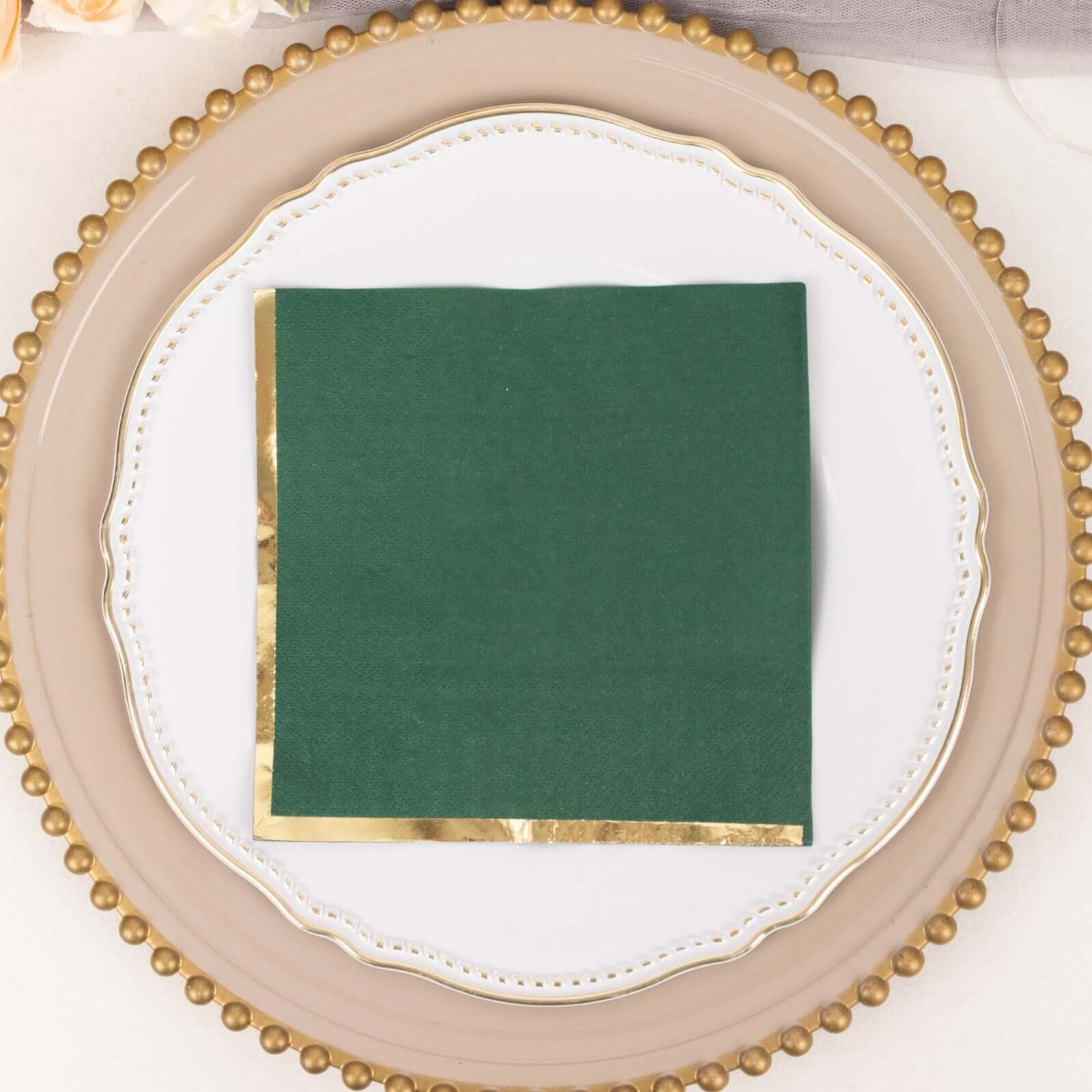 50-Piece Disposable 2-Ply Hunter Emerald Green Paper Cocktail Napkins with Gold Foil Edge, 6.5x6.5