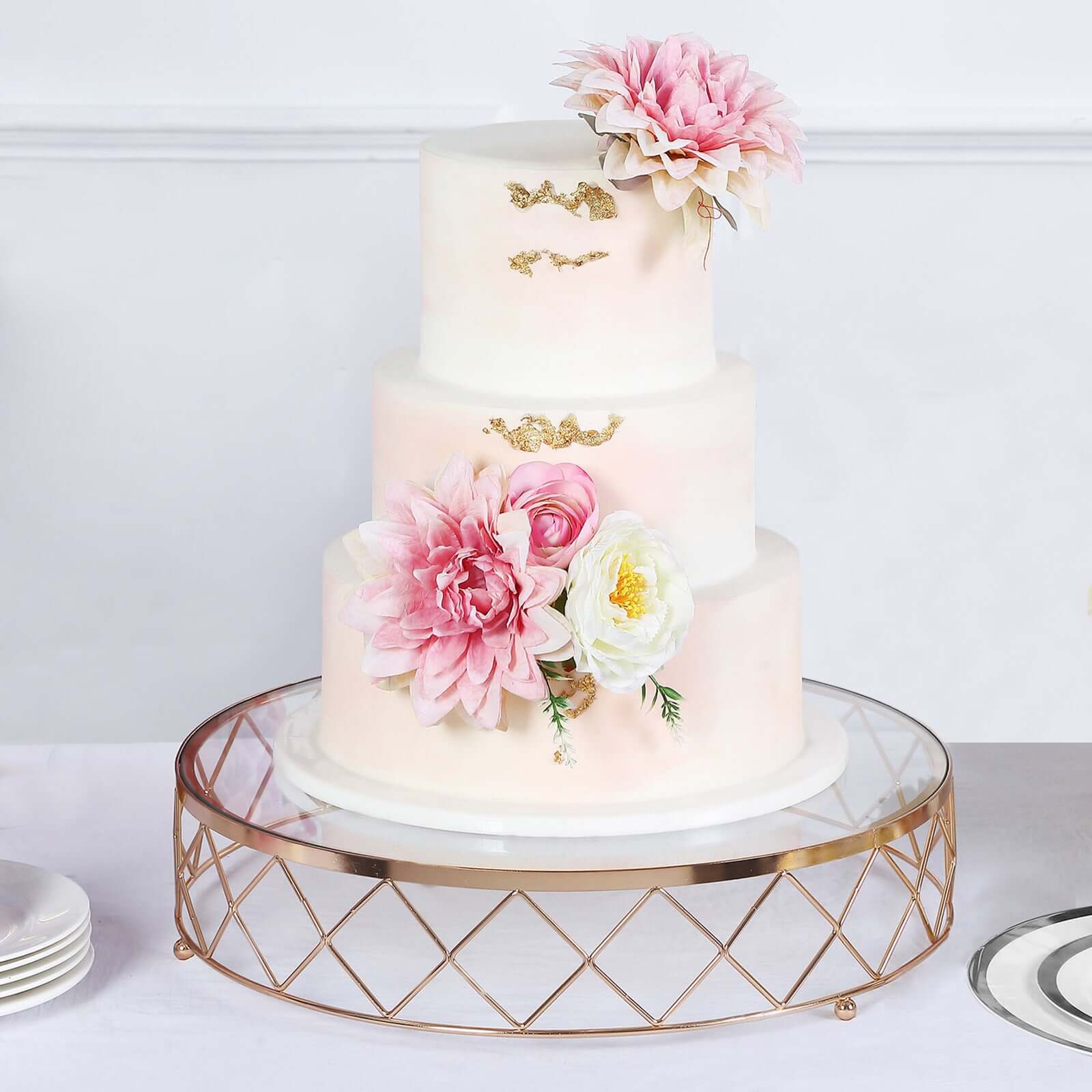 14-Inch Gold Metal Cake Stand with Geometric Diamond Cut Design and Glass Top for Dessert Display