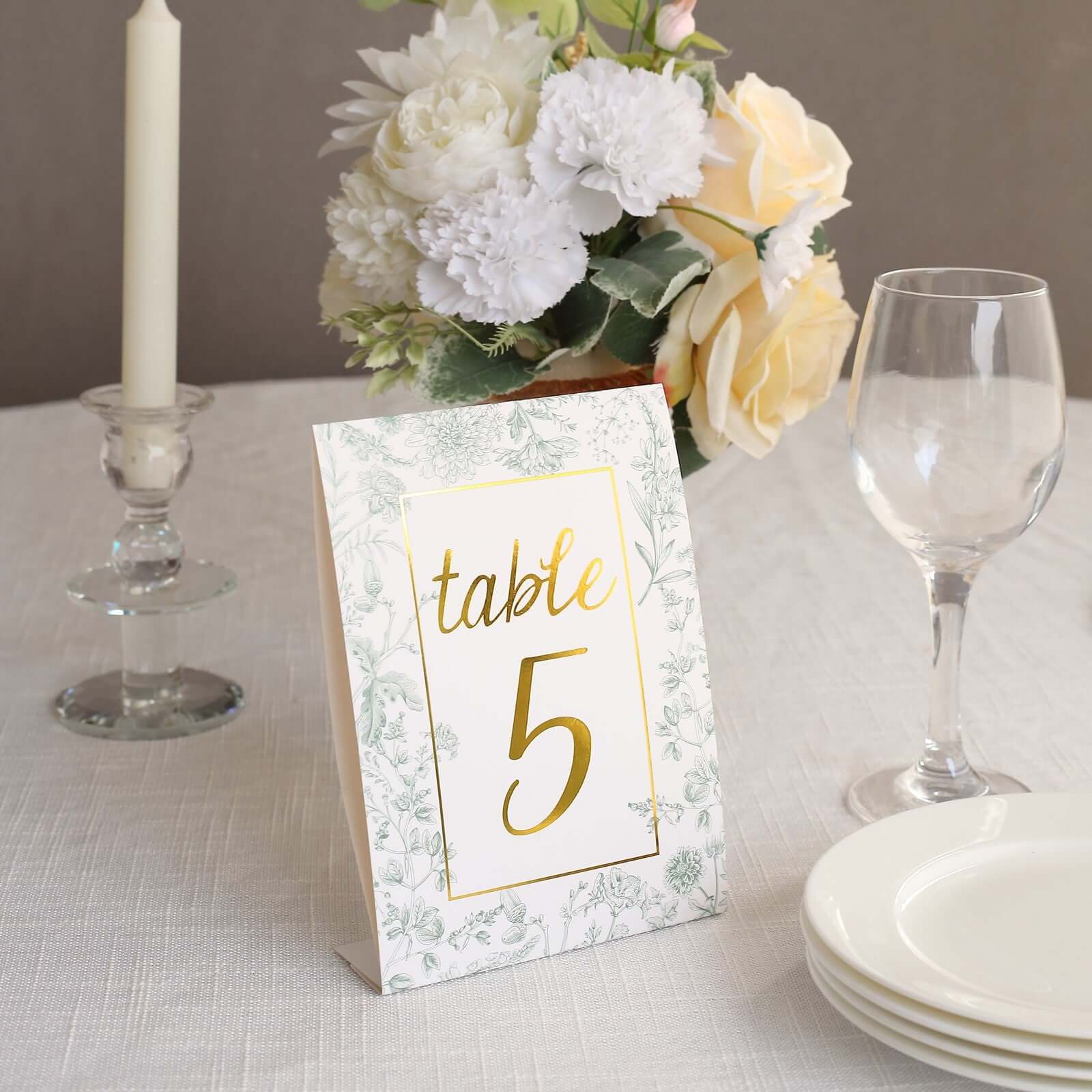 25-Pack Wedding Table Numbers 1 - 25: White/Sage Green French Toile Design with Gold Foil, Free Standing Double Sided Signs