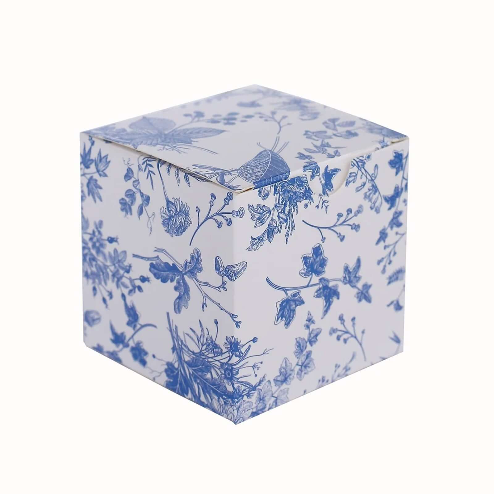 25-Pack White and Blue Cardstock Favor Boxes with French Toile Pattern, 3x3x3 Size