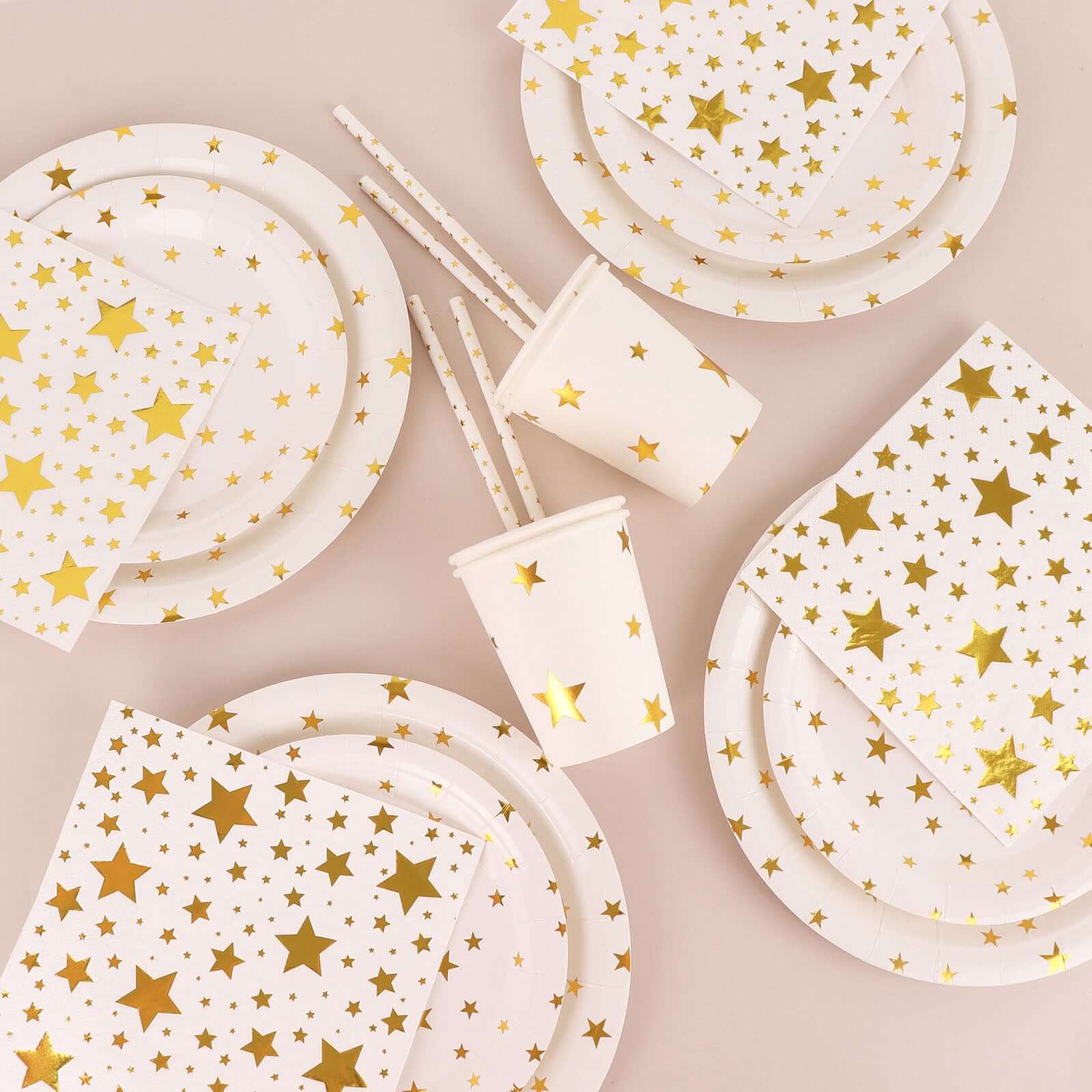 Hot Sale! 120-Piece Disposable Paper Dinnerware Set with White and Gold Star Design