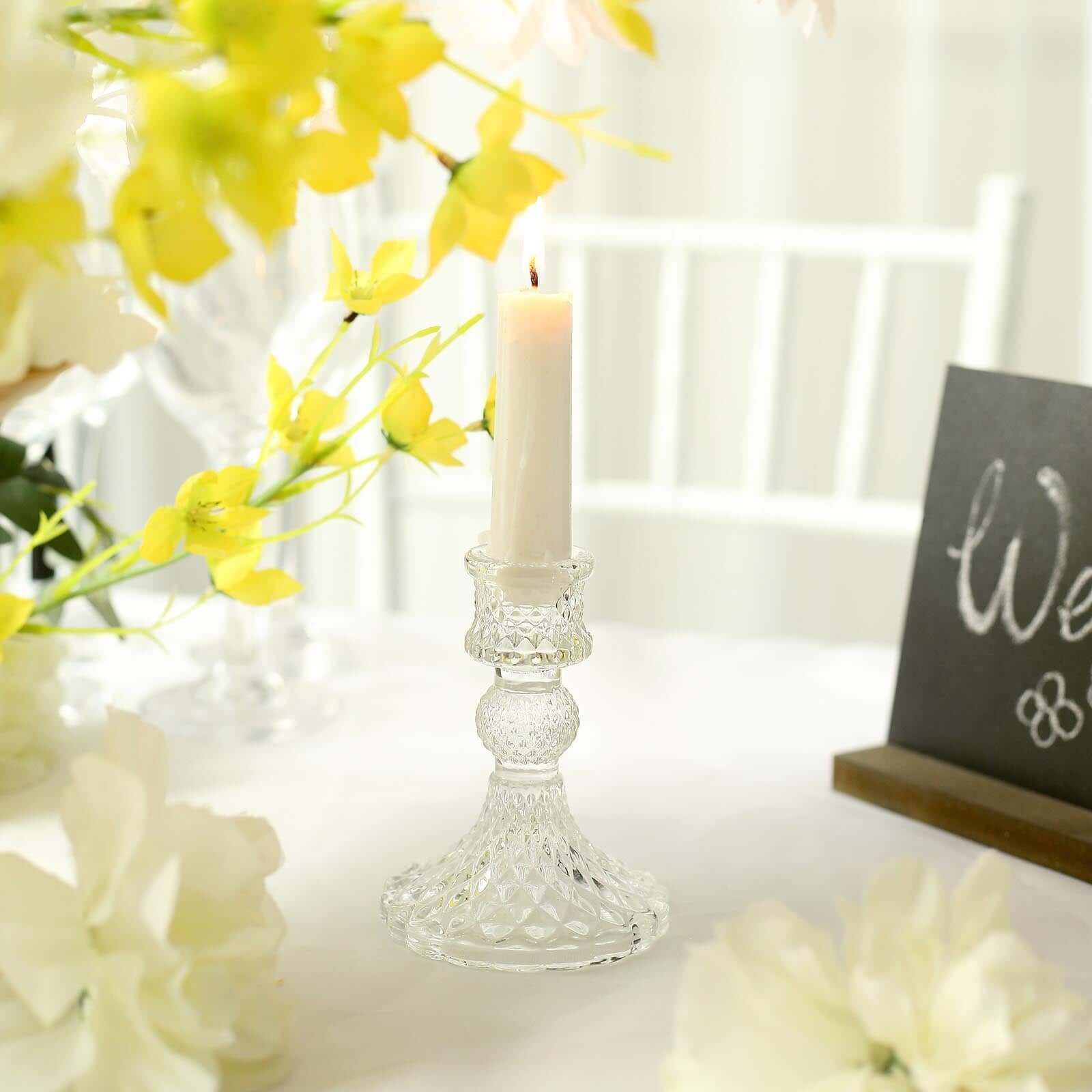 6-Piece Clear Glass Taper & Pillar Candle Holders with Diamond Pattern