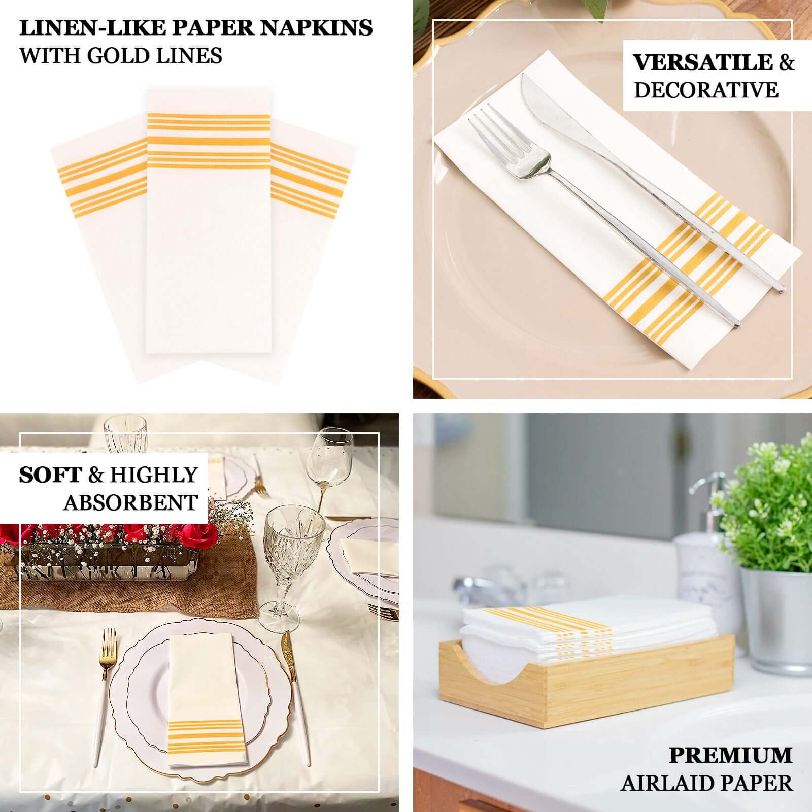 Hot Deal! 20-Pack White Linen-Like Airlaid Napkins with Gold Lines