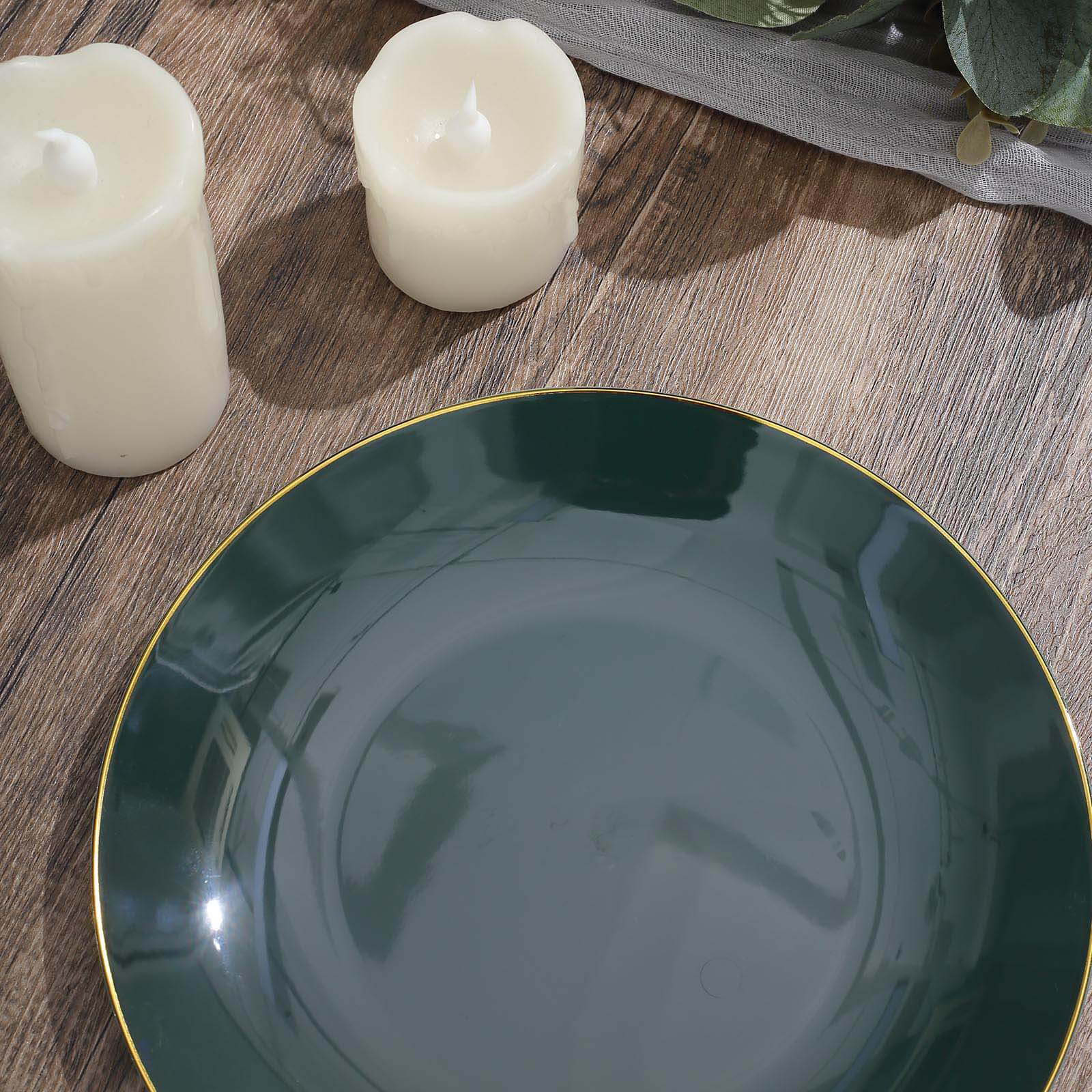 10-Piece Set of Disposable Plastic Round Dessert Plates in Hunter Emerald Green with Gold Rim - Ideal for Special Occasions