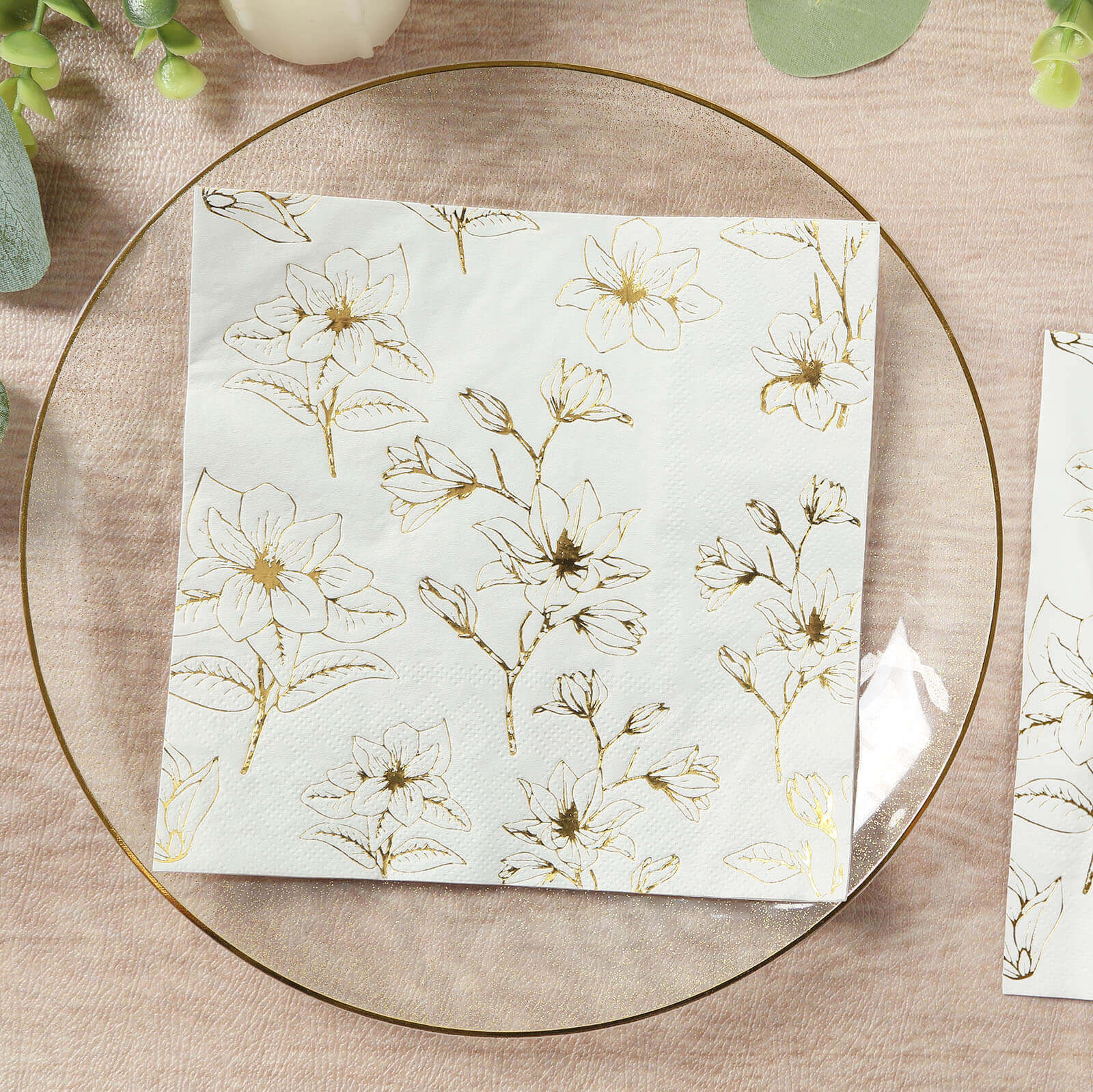 50-Pack 2-Ply Absorbent Soft White Paper Cocktail Napkins with Gold Magnolia Prints
