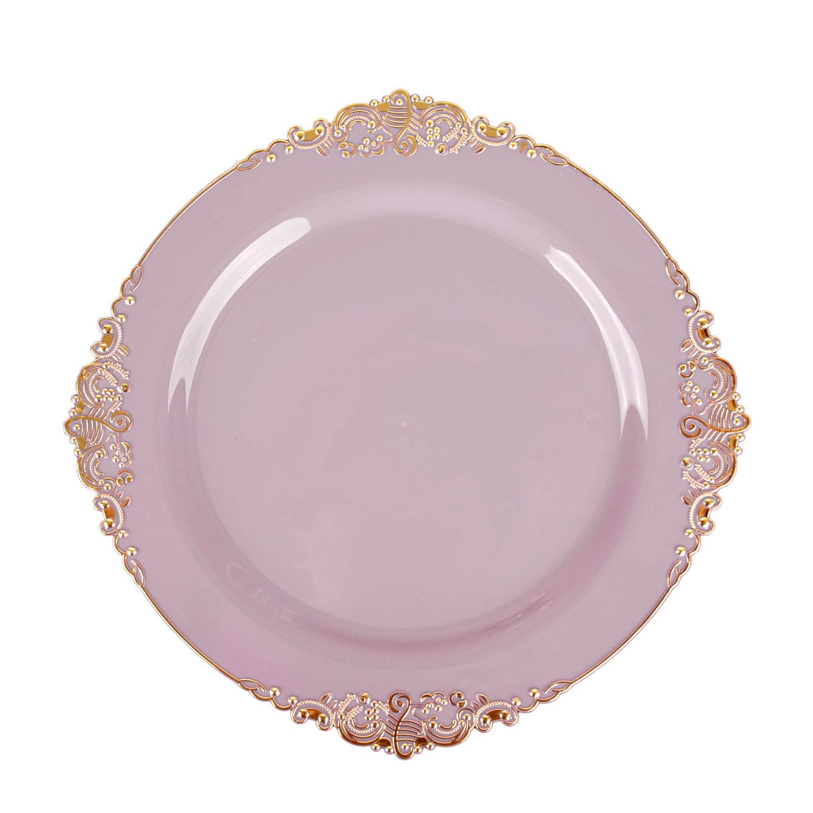Hot Deal! 10-Pack Disposable Plastic Round Dinner Plates in Lavender Lilac with Gold Leaf Embossed Rim, Vintage Baroque Style