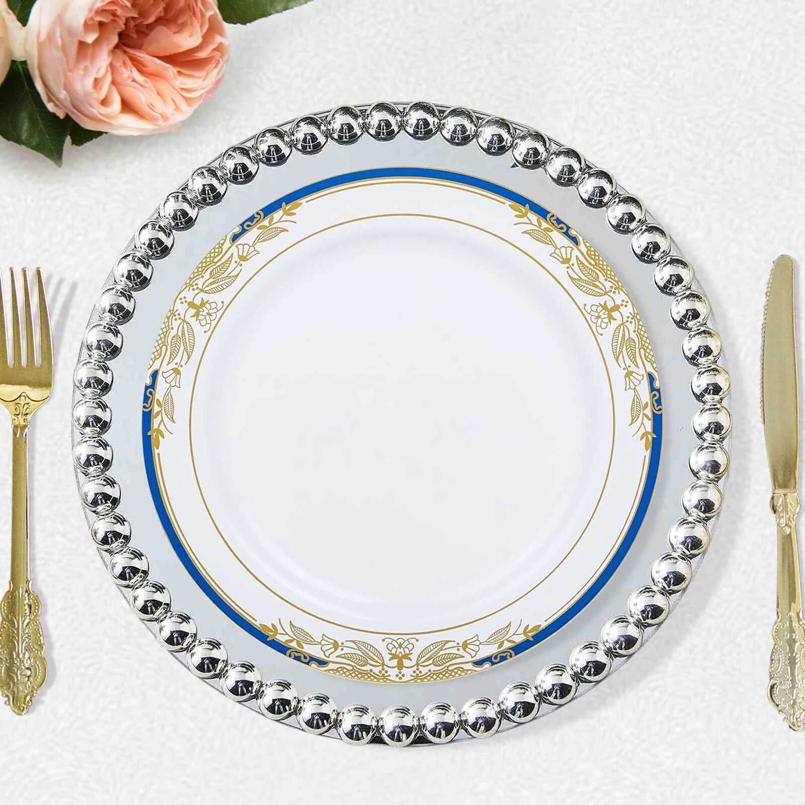 10-Pack Disposable White Dinner Plates with Royal Blue Rim and Gold Vine Design for Special Events