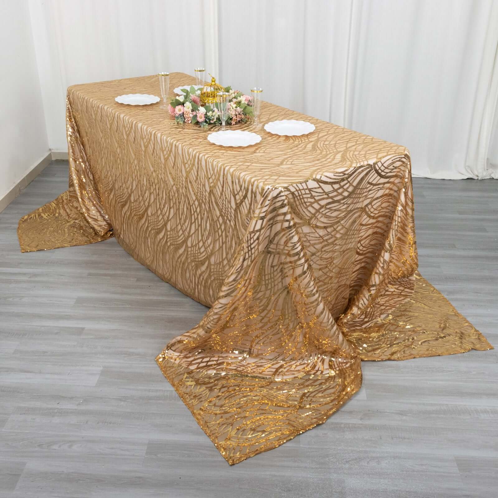 Exclusive Gold Mesh Rectangle Tablecloth with Wave Sequin Embroidered Design for Elegant Occasions