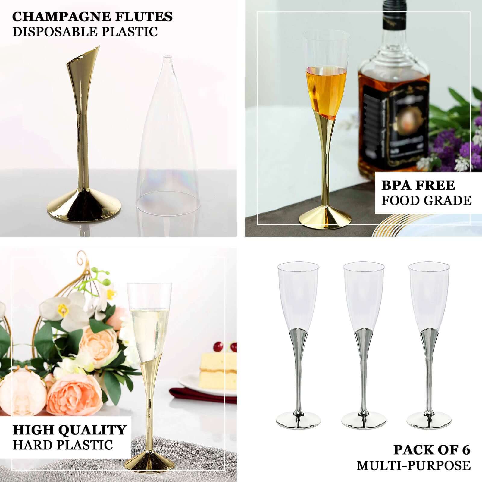 Amazing 6-Pack Disposable Plastic Champagne Flutes, 5oz Clear with Gold Base for Toasts