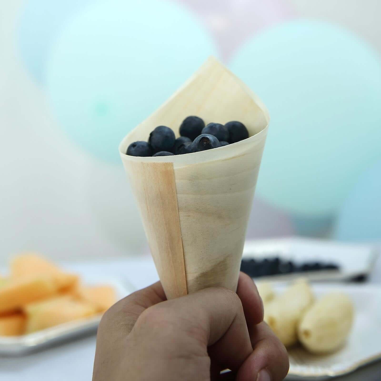 Get 50-Pack Eco-Friendly Natural Pine Wood Disposable Food Tasting and Serving Cones, 6 Inches