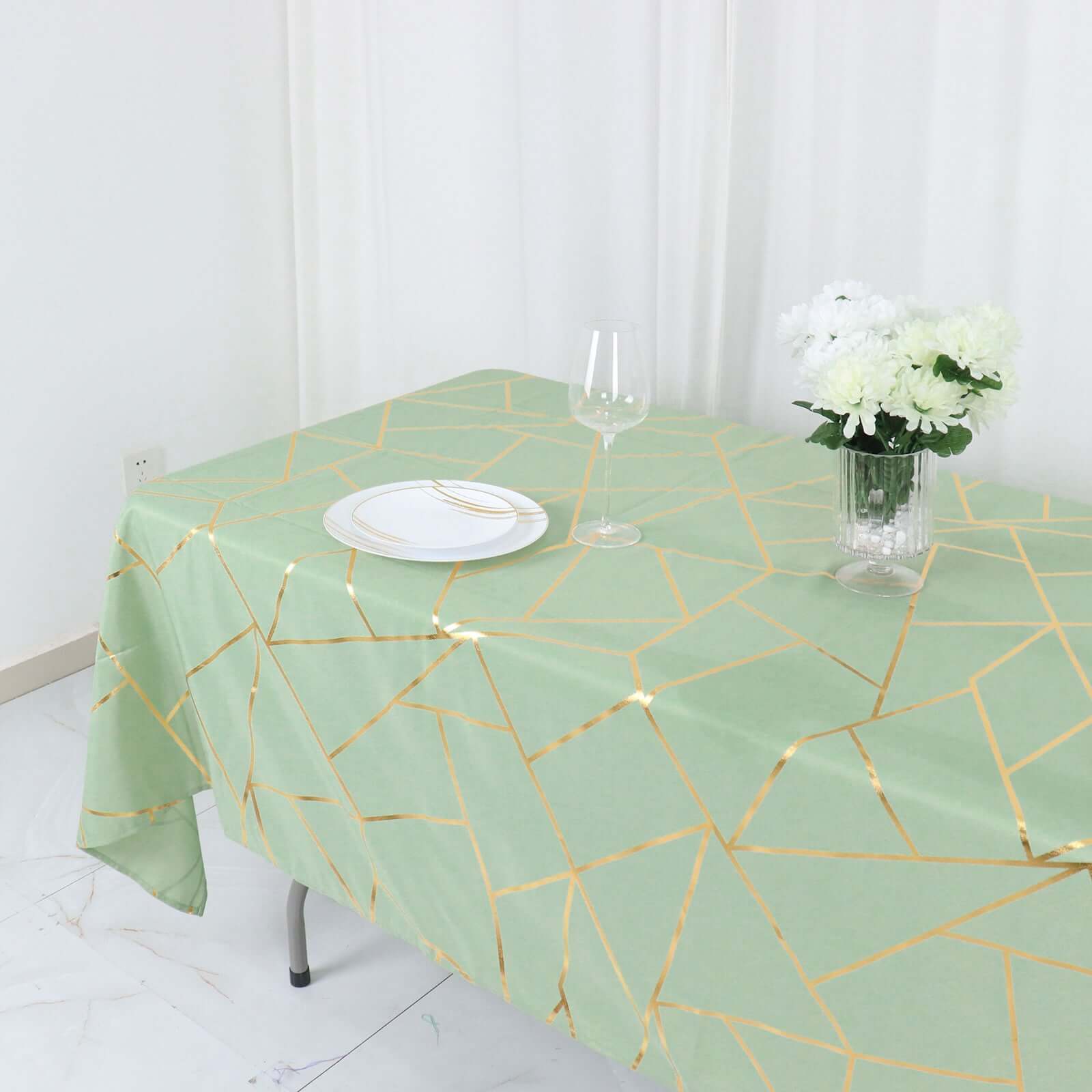 Hot Sale! Wrinkle-Resistant & Durable Polyester Rectangle Tablecloth in Sage Green with Gold Foil Geometric Design (60x102)