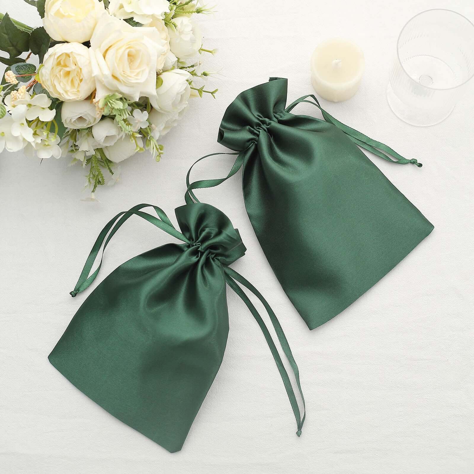 12-Piece Set of 6x9 Hunter Emerald Green Satin Drawstring Wedding Favor Gift Bags