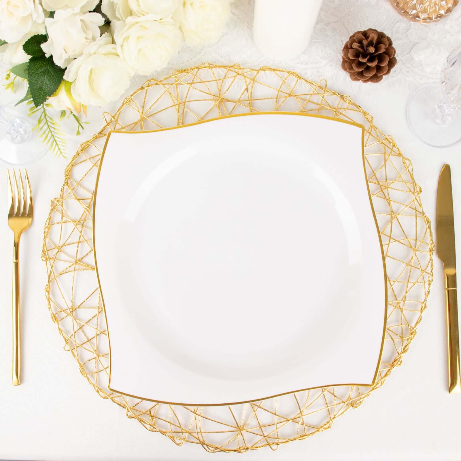 10-Piece Set of White Plastic Square Dinner Plates with Gold Wavy Rim for Luxury Parties