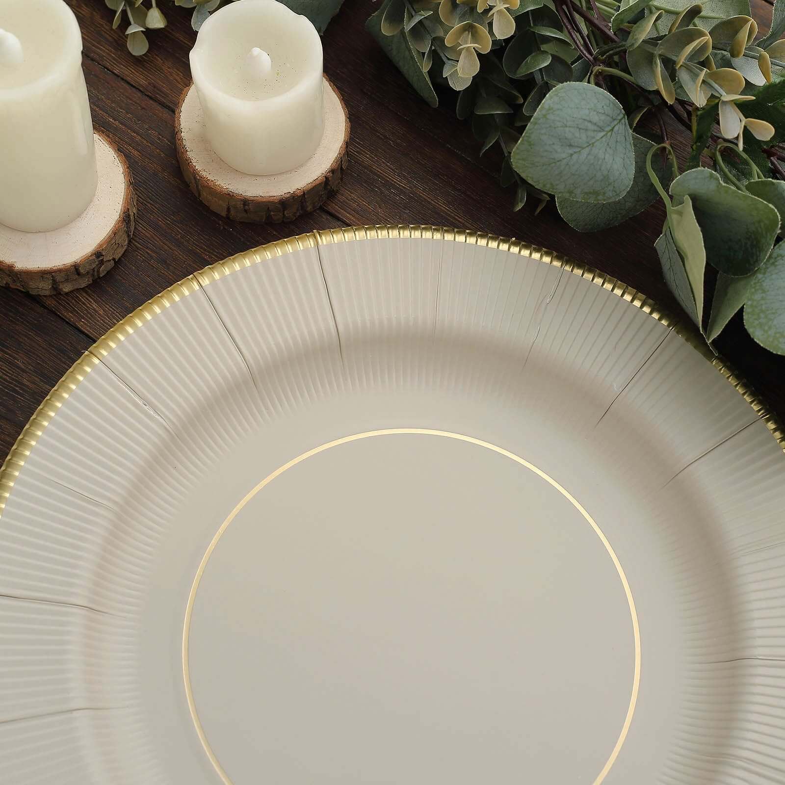 25-Piece Set of Disposable Heavy Duty 350GSM Paper Charger Plates in Taupe Sunray Design with Gold Rim, 13 Inches