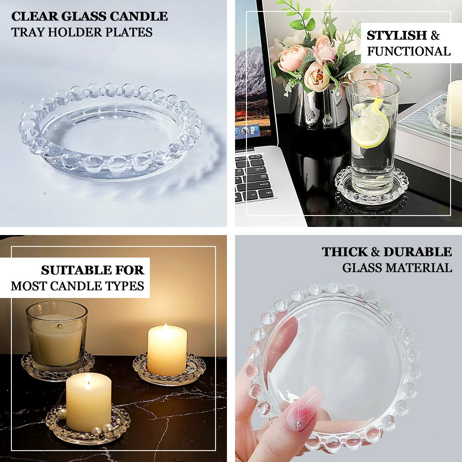 6-Pack Clear Glass Pillar Candle Holder Plates with Beaded Rims - Ideal Small Round Coasters