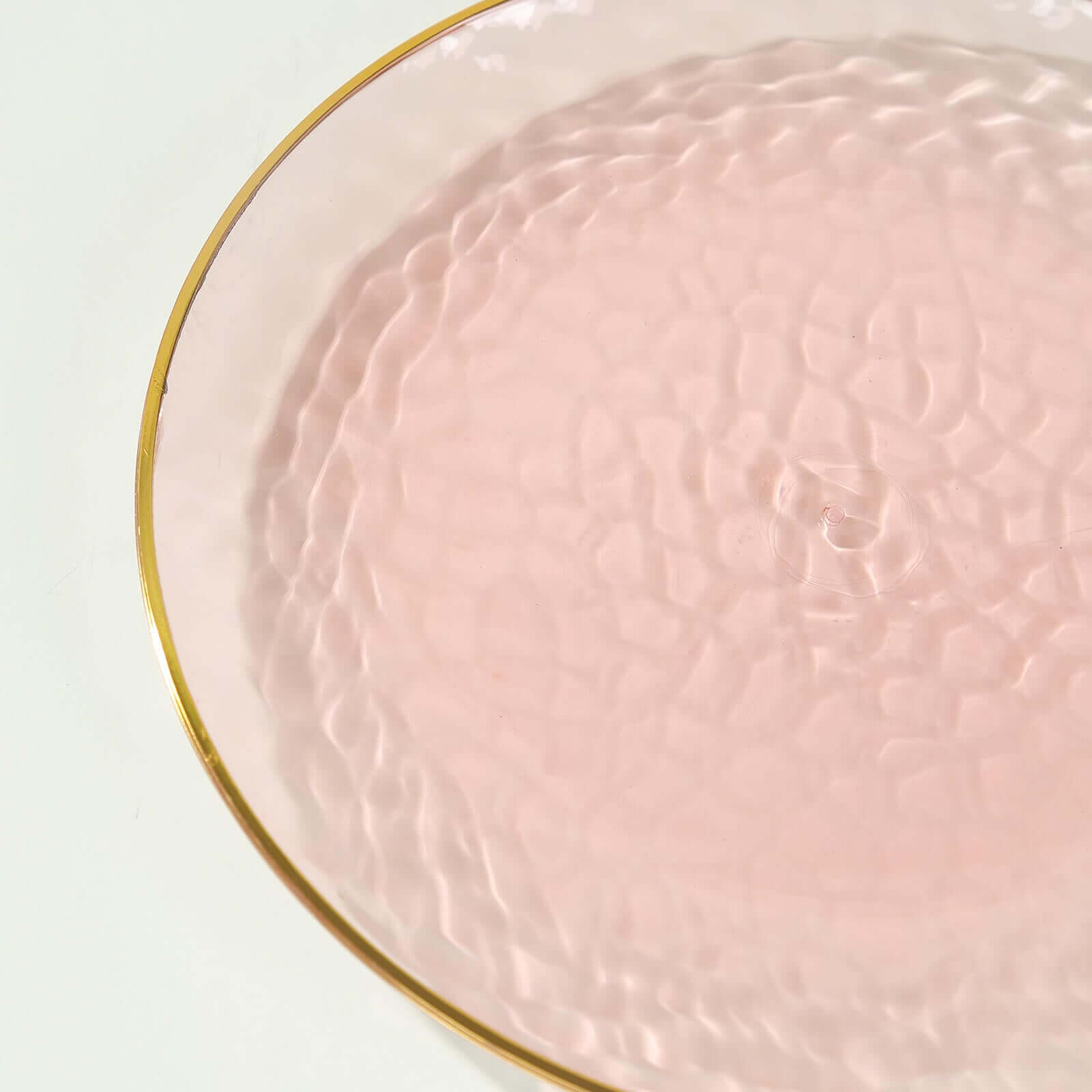 10-Pack Transparent Blush Hammered Plastic Round Dessert Plates with Gold Rim - Disposable & Modern