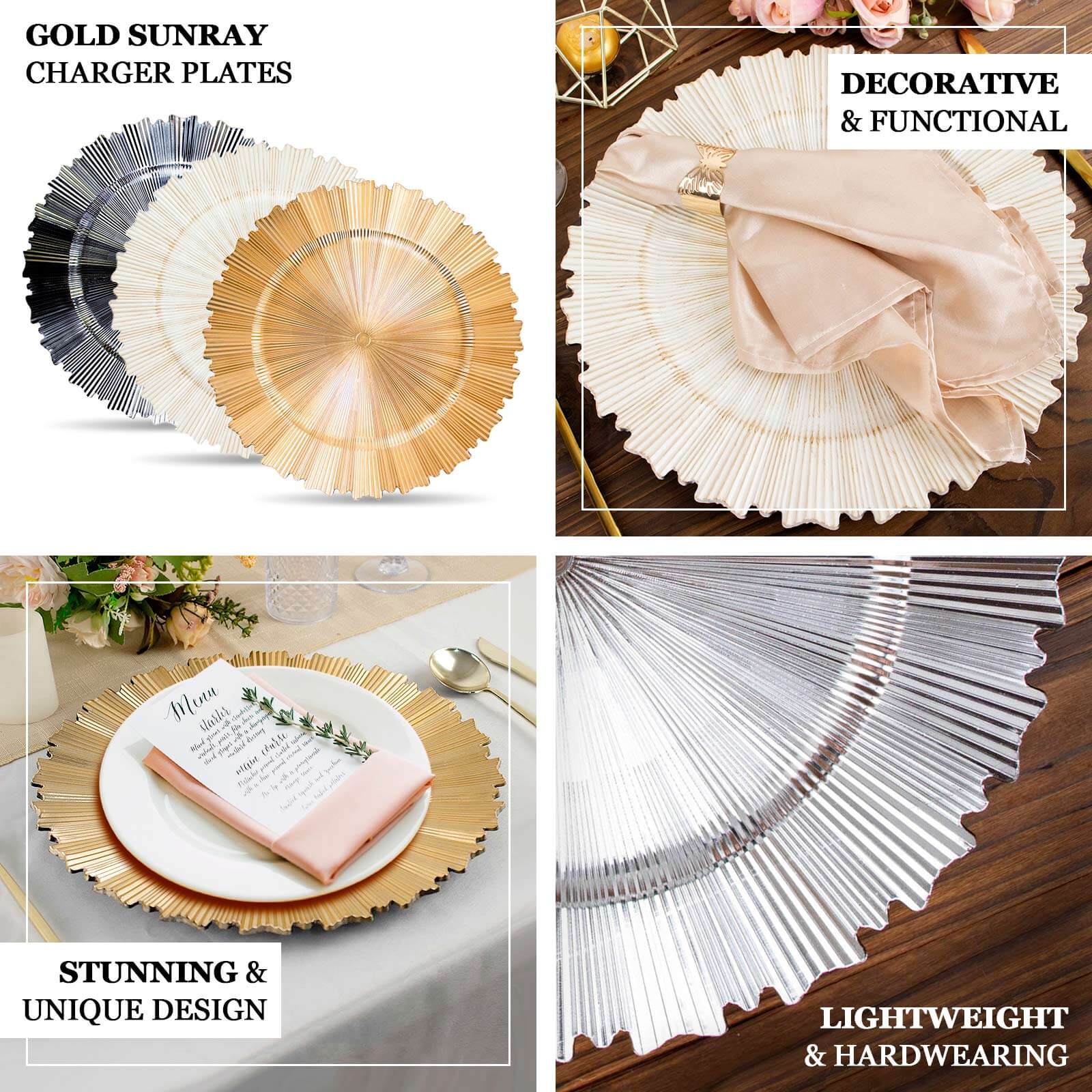6-Piece Set of 13-Inch Washwhite Acrylic Charger Plates with Sunray Scalloped Rim for Dinner Parties