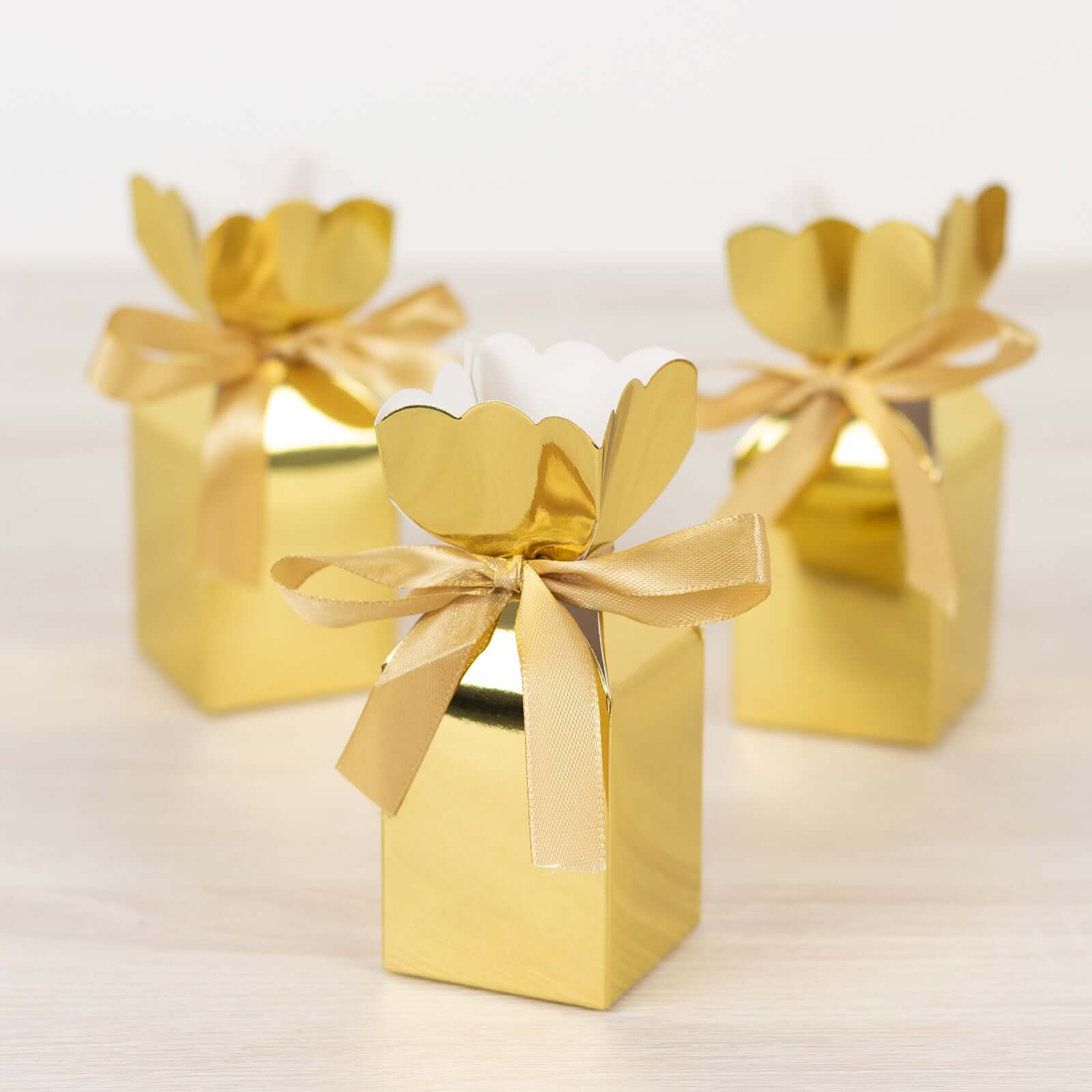 25-Pack Gold Floral Satin Ribbon Candy Gift Boxes - Ideal for Parties