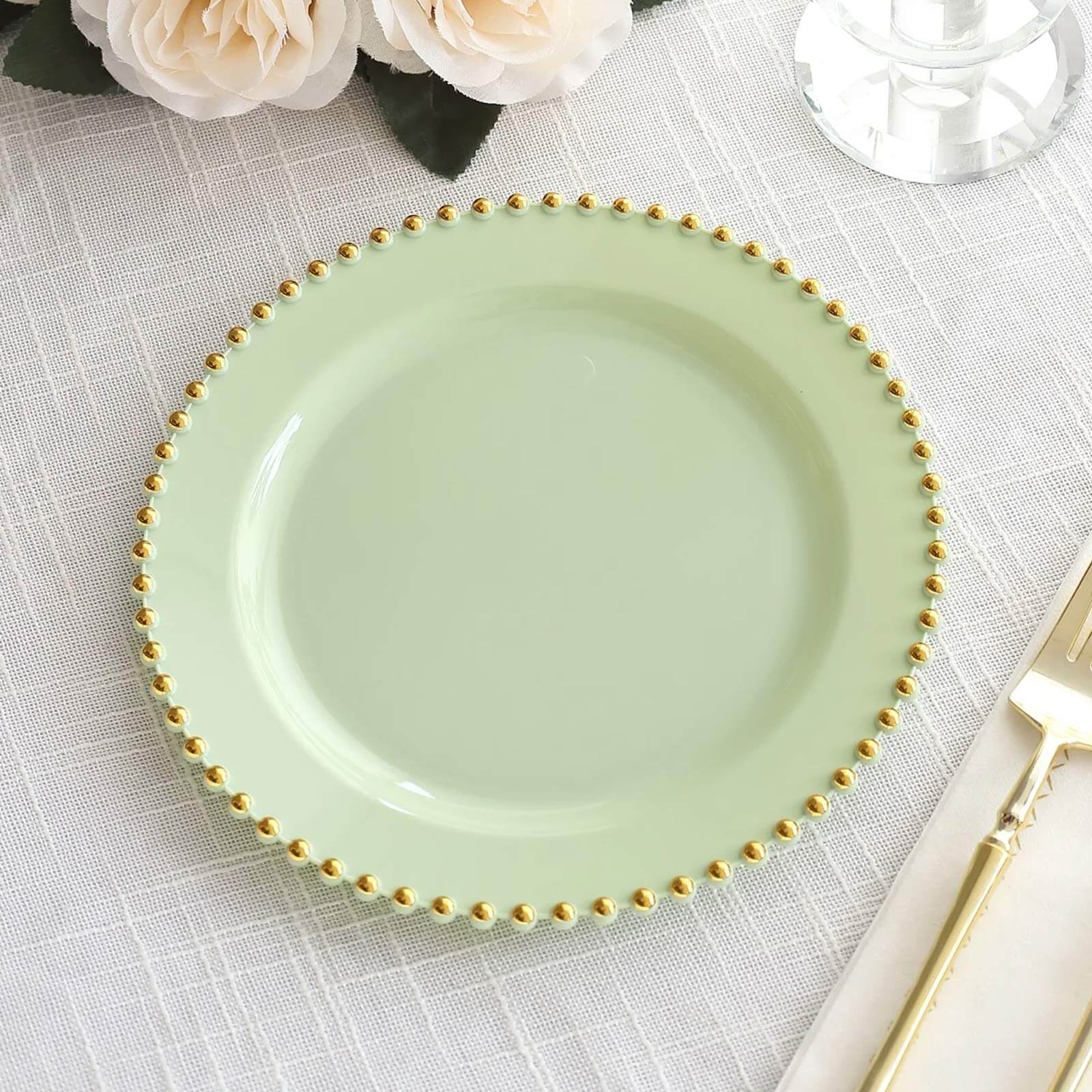 Hot Deal! 10-Piece Set of Sage Green Round Disposable Plastic Dessert Plates with Gold Beaded Rim for Parties