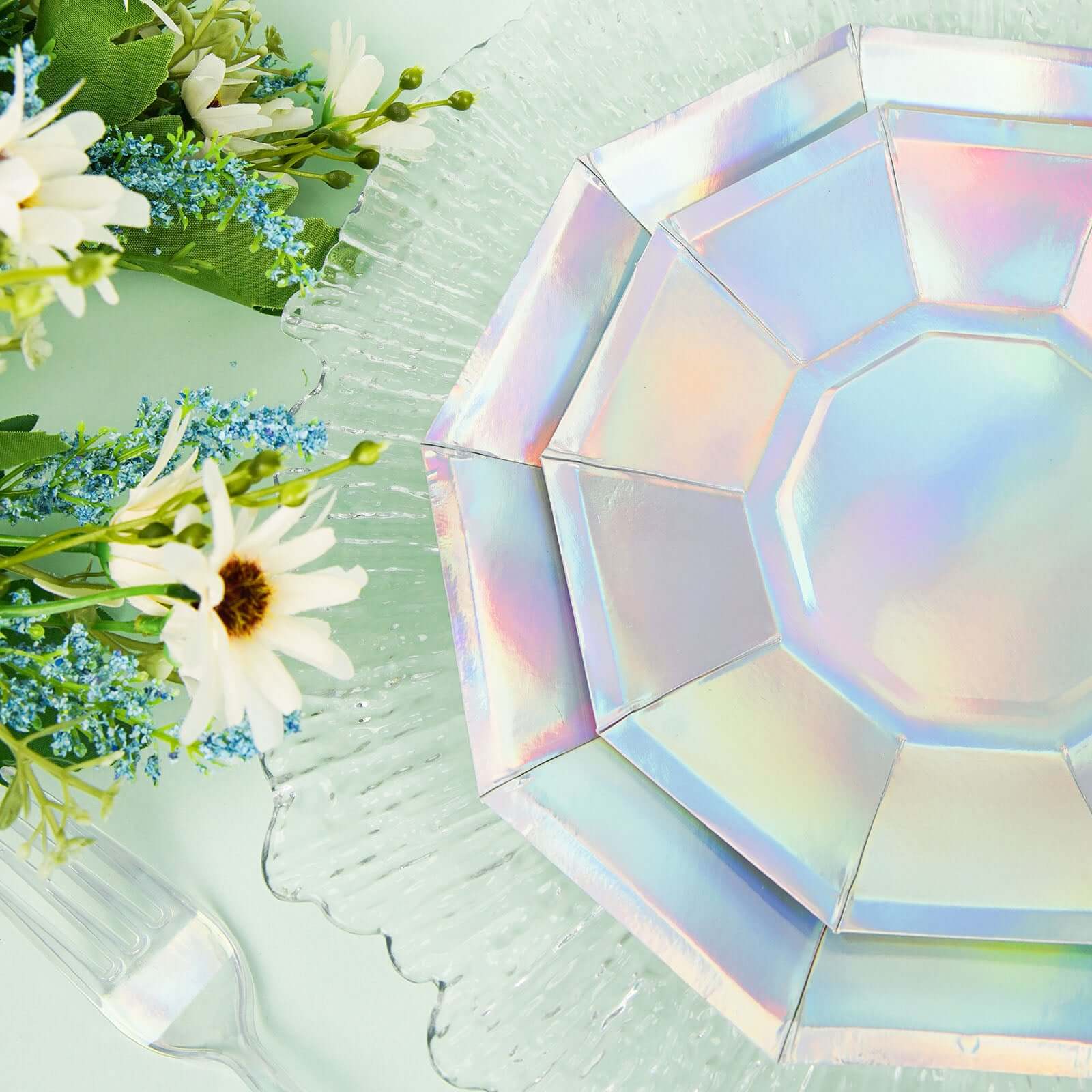 25-Pack 9-Inch Iridescent Decagon Disposable Dinner Plates for Disco & Space Parties