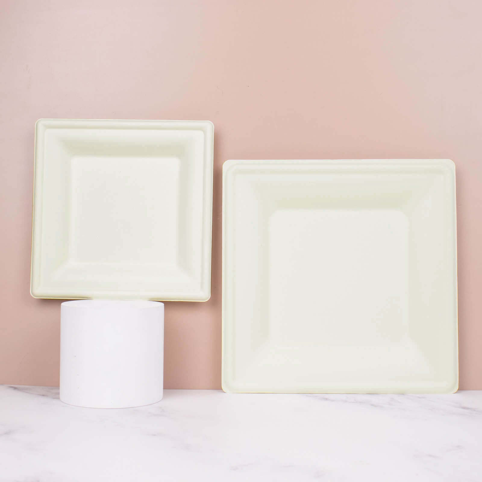 50-Pack White Bagasse 8" Square Wide Rim Dessert/Salad Plates - Eco-Friendly for Parties