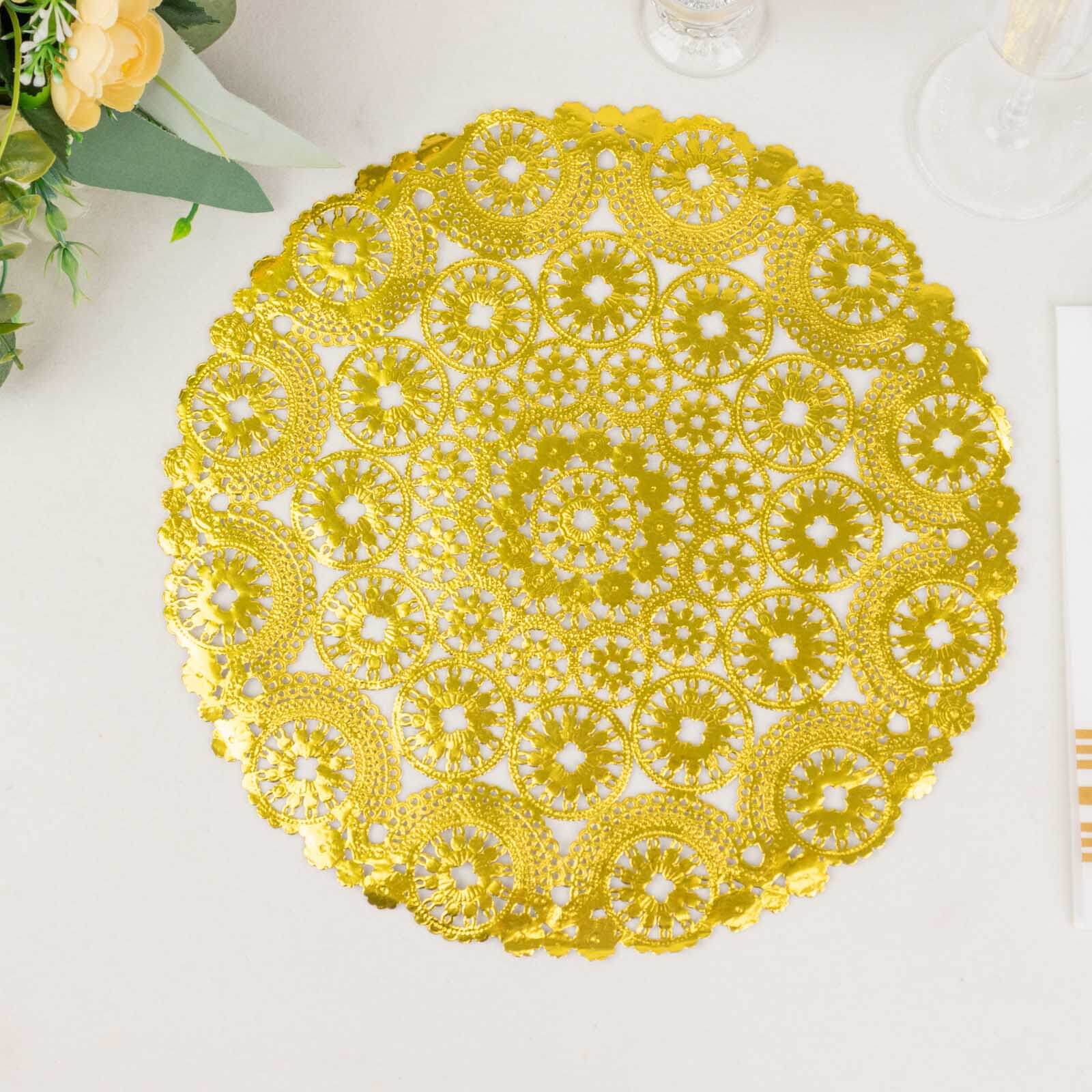 Hot Sale! 50-Pack Disposable 12-Inch Metallic Gold Paper Round Placemats for Dessert Display & Table Decor