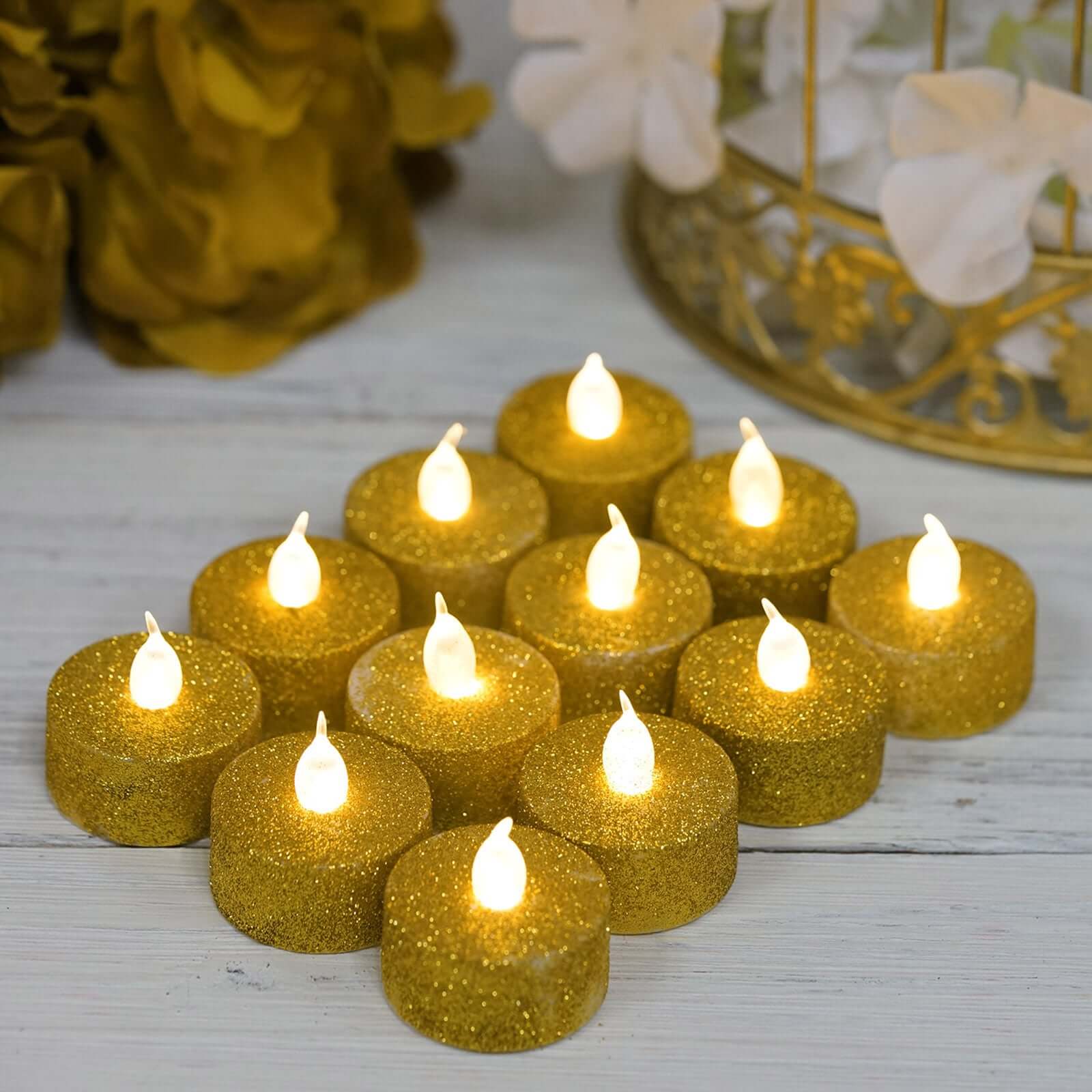 Hot Sale! 12-Pack Flameless LED Tealight Candles with Glittery Gold Design, Battery Operated