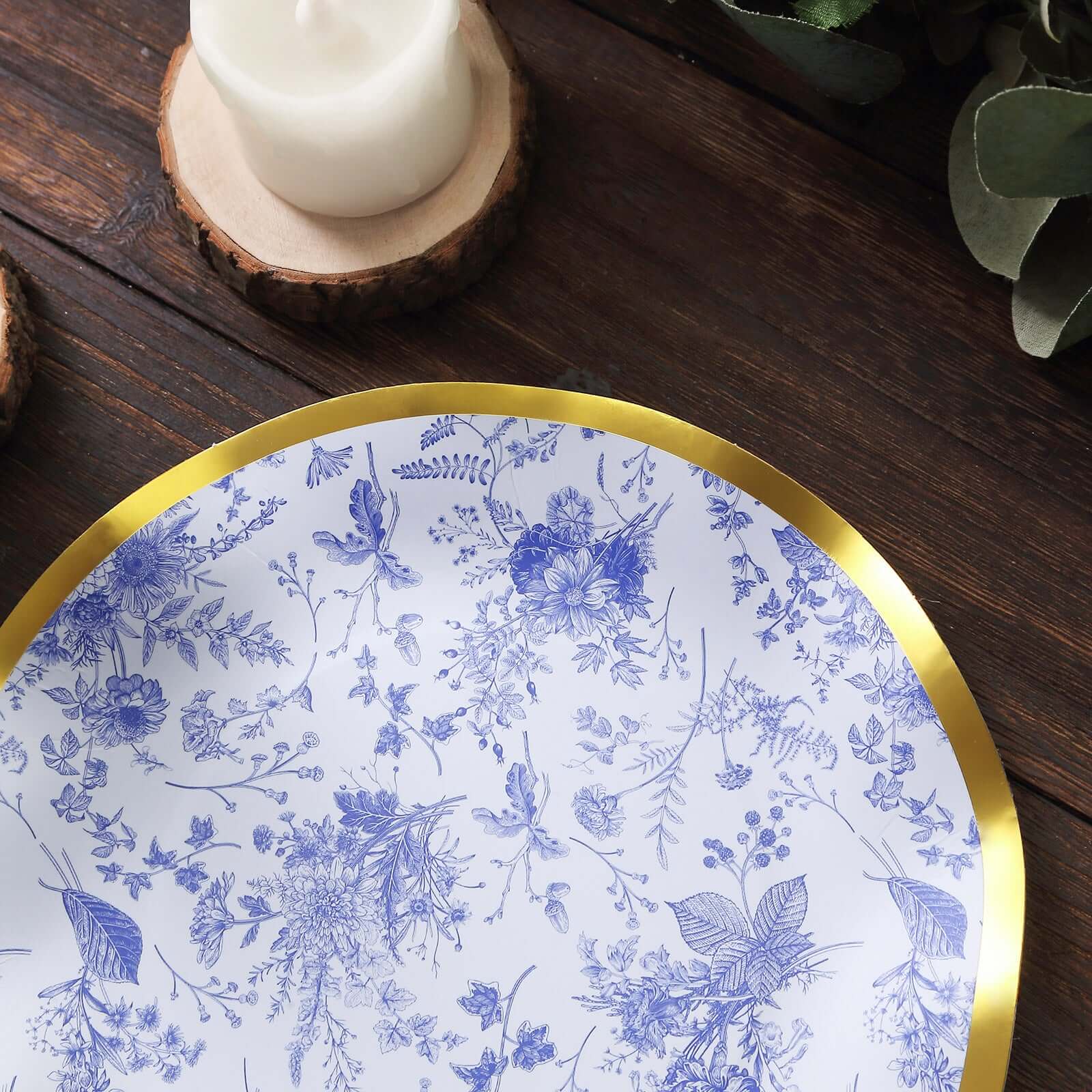 25-Pack Disposable 8-Inch Round White Salad Plates with Blue French Toile Pattern and Gold Wavy Rim - High-Quality Deal