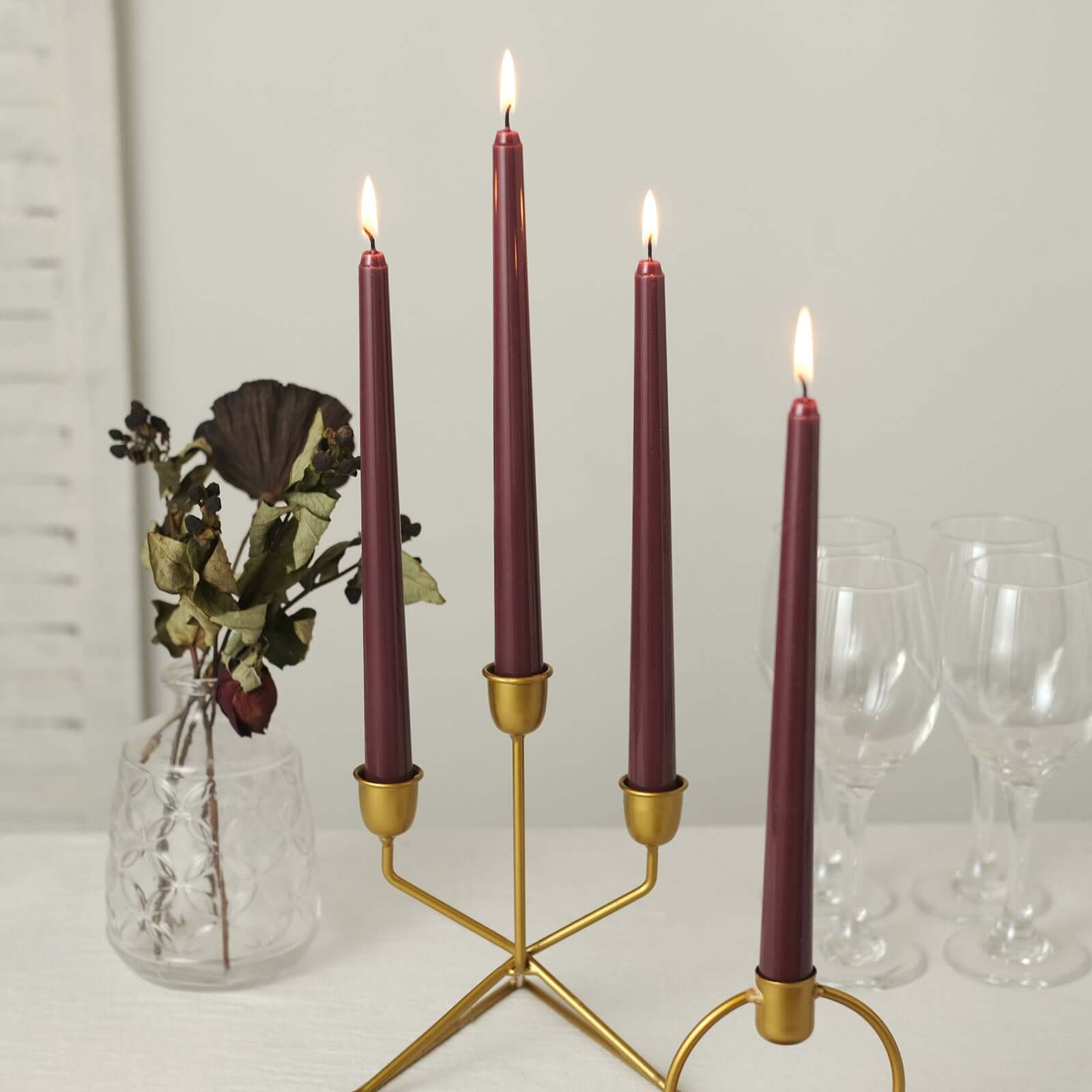 Premium 12-Pack Unscented Burgundy Taper Candles for Elegant Settings - 10 Inches