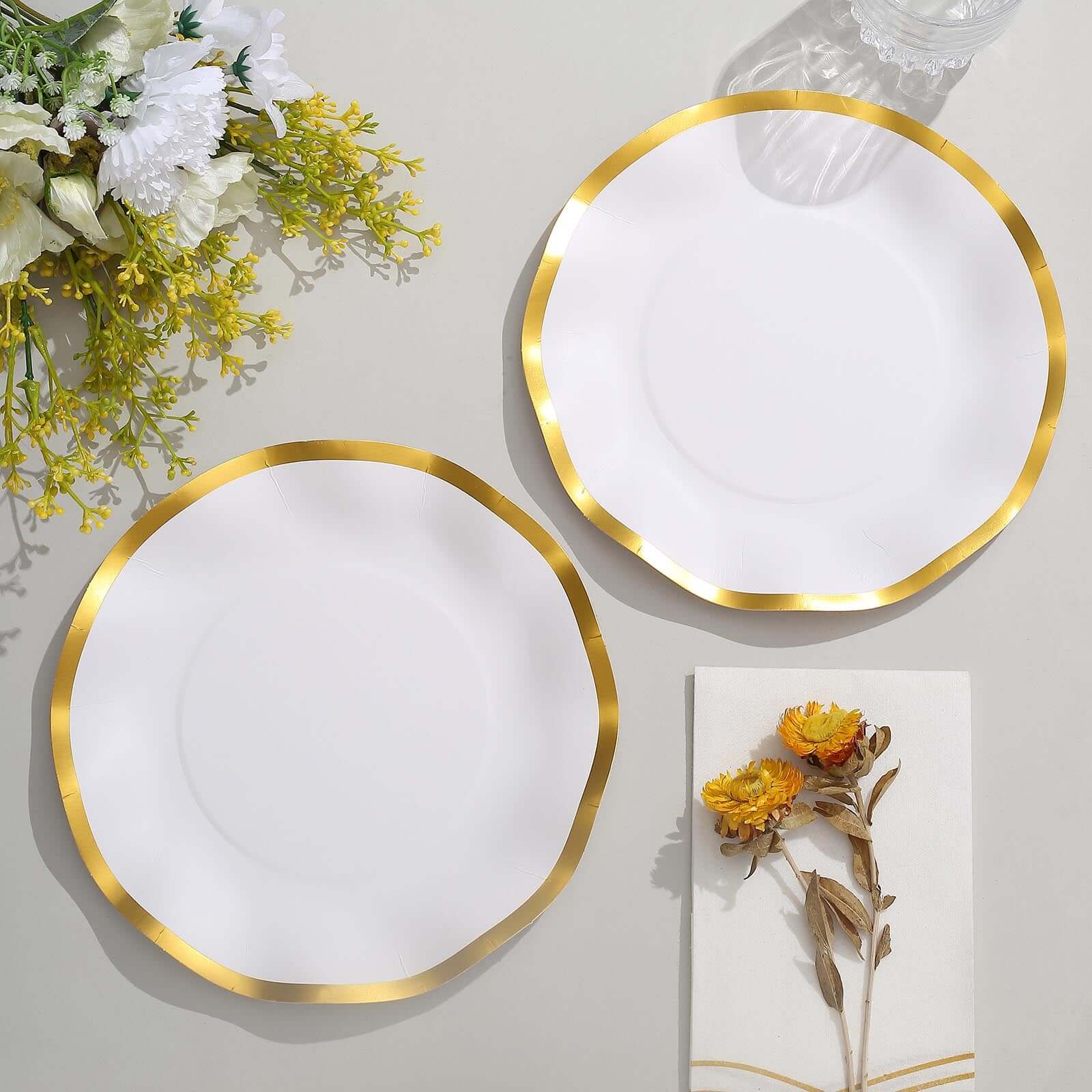 25-Piece Set of Disposable 8-Inch Round Matte White Paper Dessert Plates with Gold Wavy Rim for Upscale Events