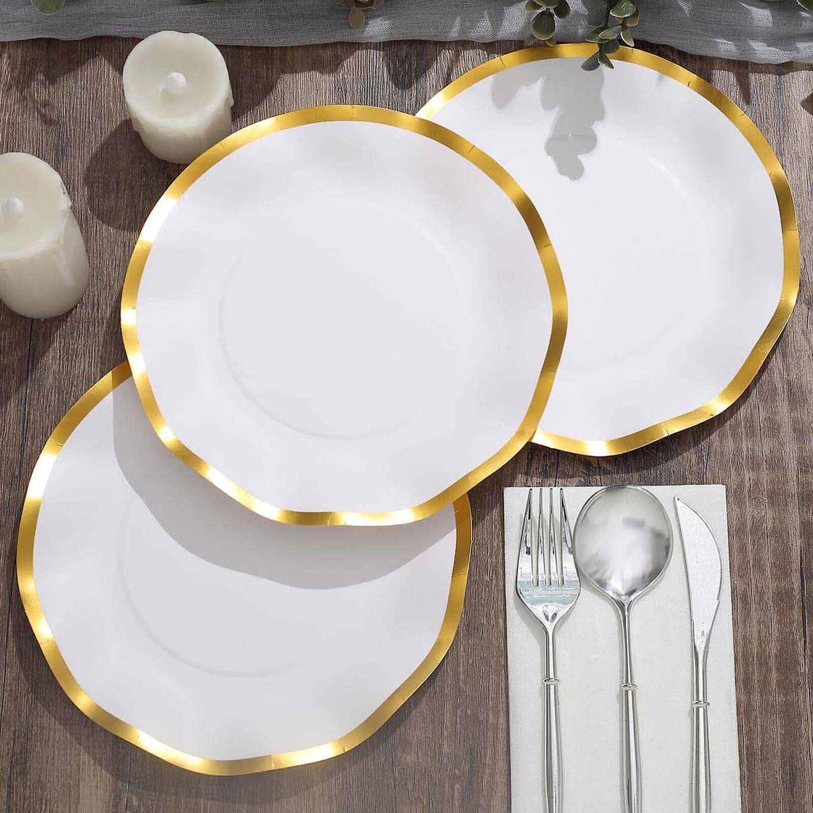25-Piece Set of Disposable 8-Inch Round Matte White Paper Dessert Plates with Gold Wavy Rim for Upscale Events
