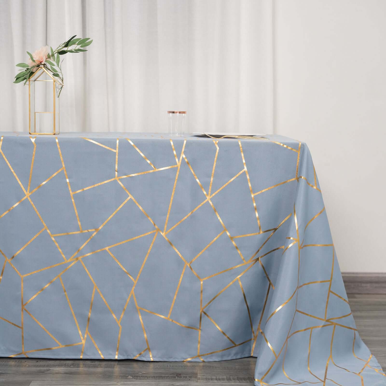 Exclusive! Wrinkle-Resistant Polyester Tablecloth in Dusty Blue with Gold Foil Pattern for Weddings & Events