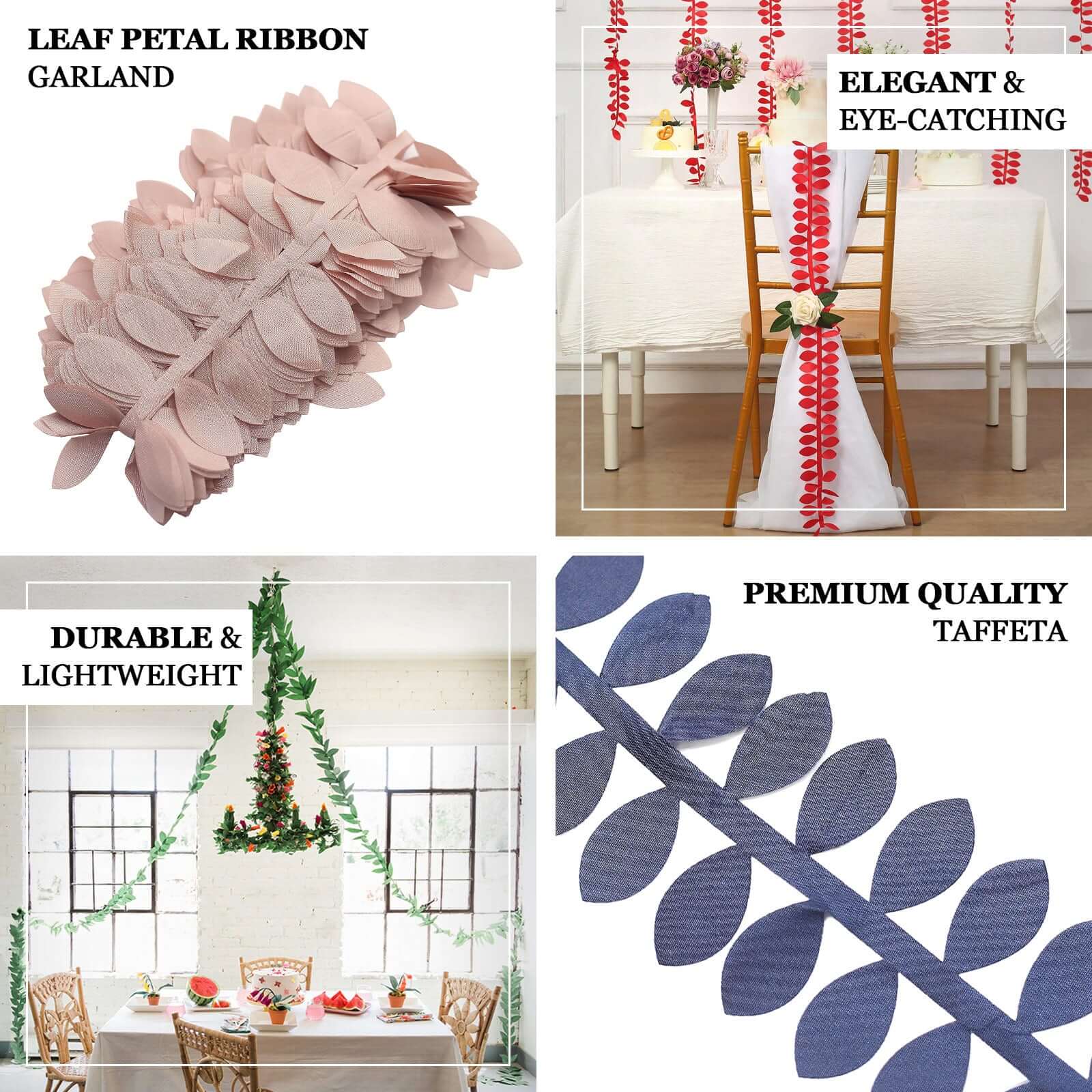 50ft Dusty Rose Taffeta Ribbon Sash with Four - Leaf Petal Design for Elegant Decor