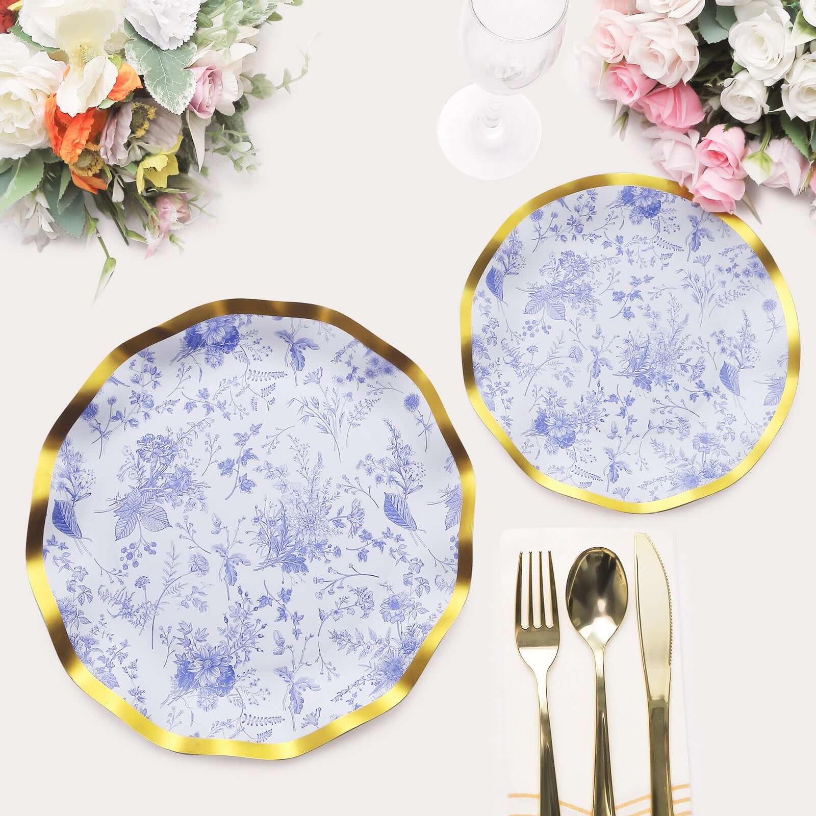 25-Pack Disposable 8-Inch Round White Salad Plates with Blue French Toile Pattern and Gold Wavy Rim - High-Quality Deal