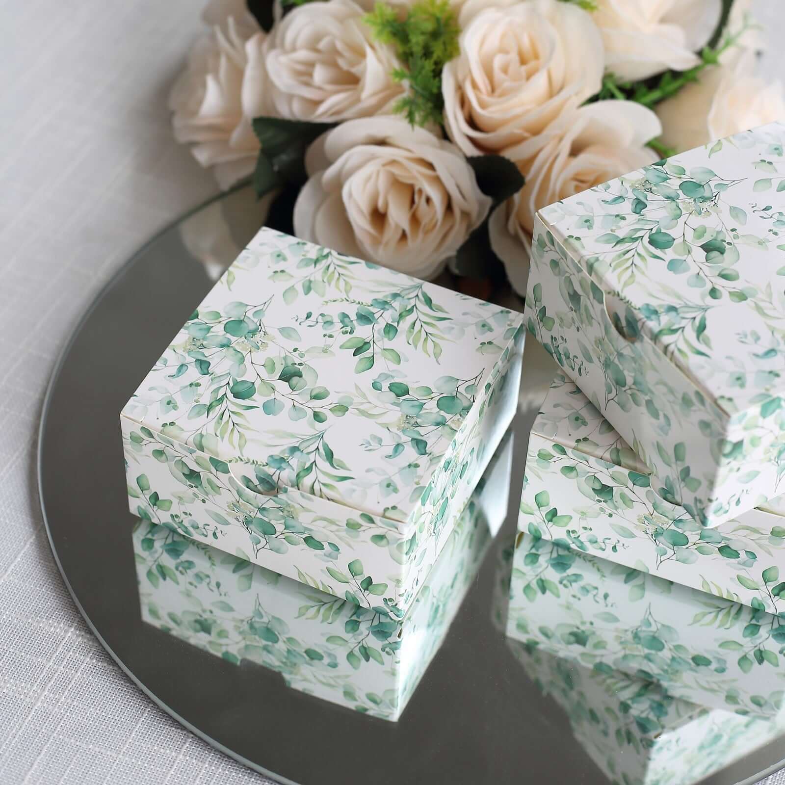 25-Pack White & Green Eucalyptus Print Cardstock Party Favor Boxes - 4x4x2, Ideal for Various Occasions