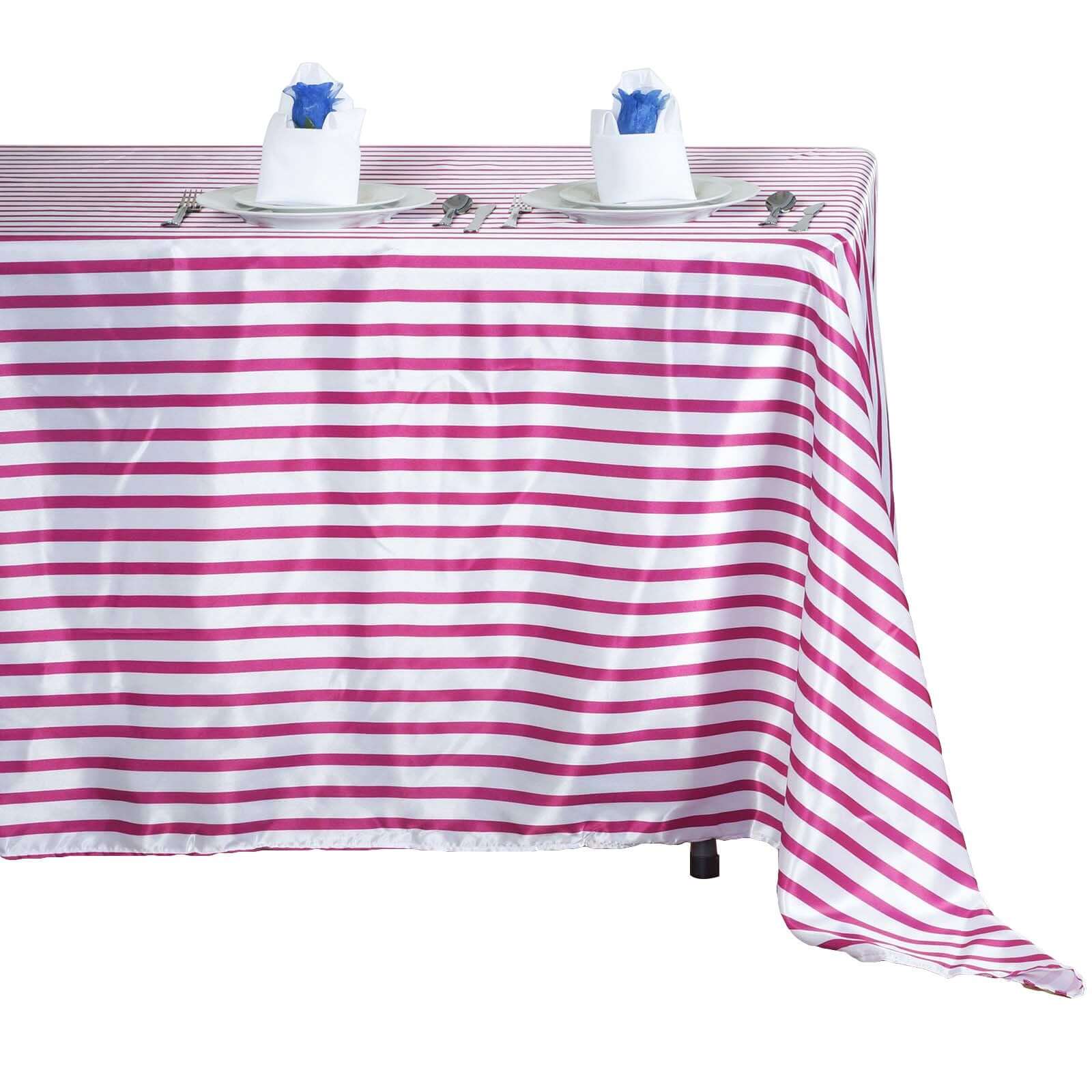 60x102 Rectangle Satin Tablecloth in White/Fuchsia Stripes with Silky Finish